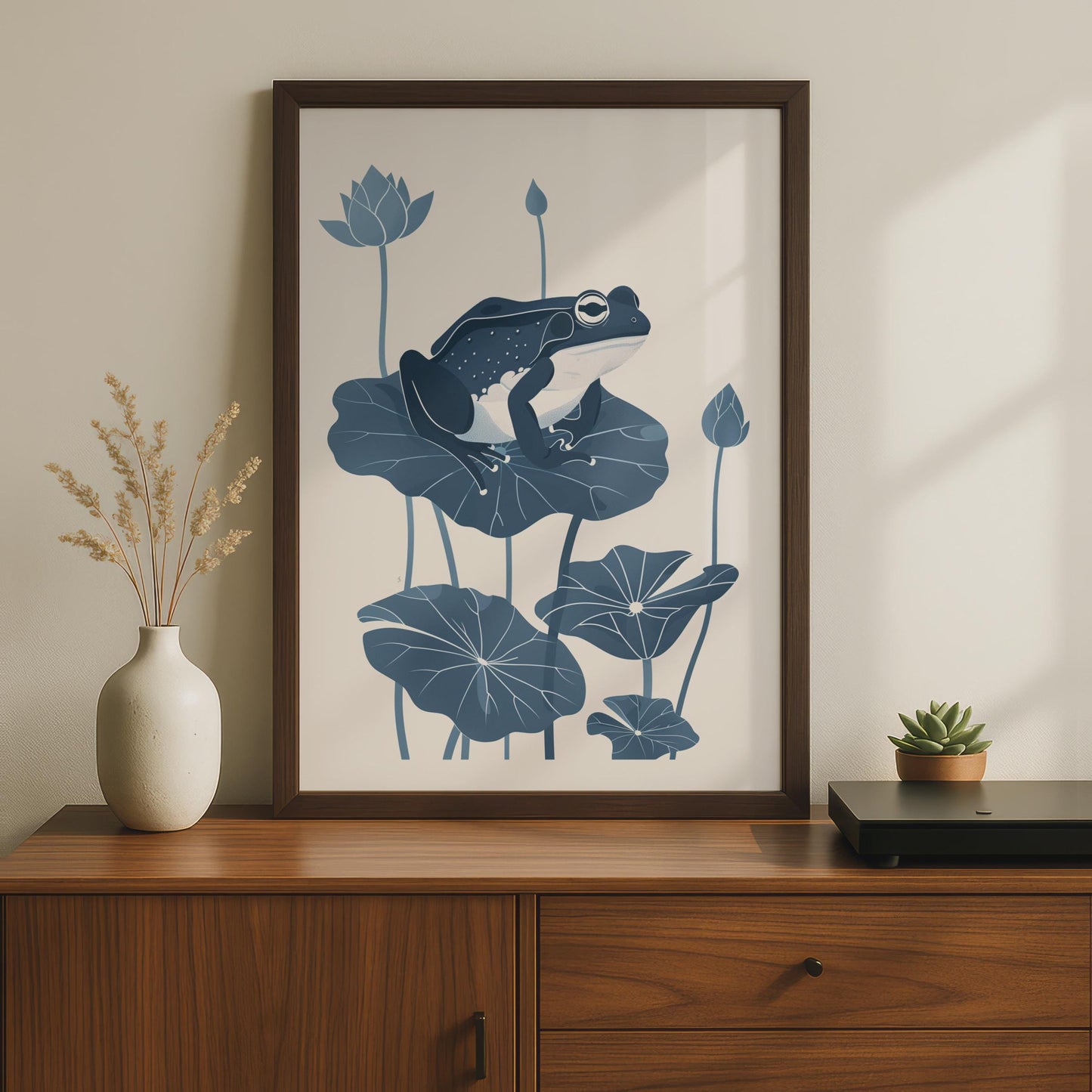 Frog on Lily Pad Poster, Navy Blue Botanical Animal Print, Minimalist Frog Wall Art wall art print