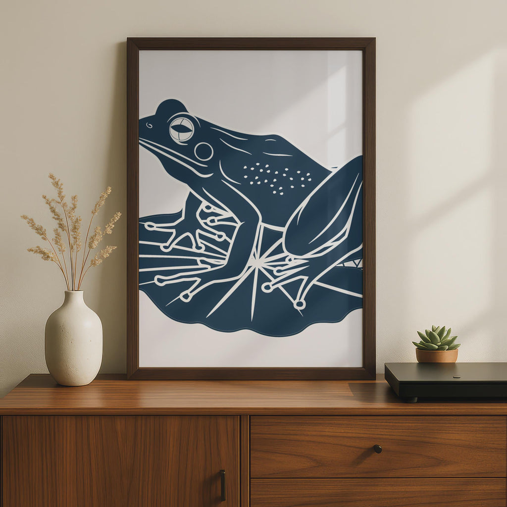 Frog on Lily Pad Poster, Navy Blue Minimalist Animal Print, Frog Wall Art Decor wall art print