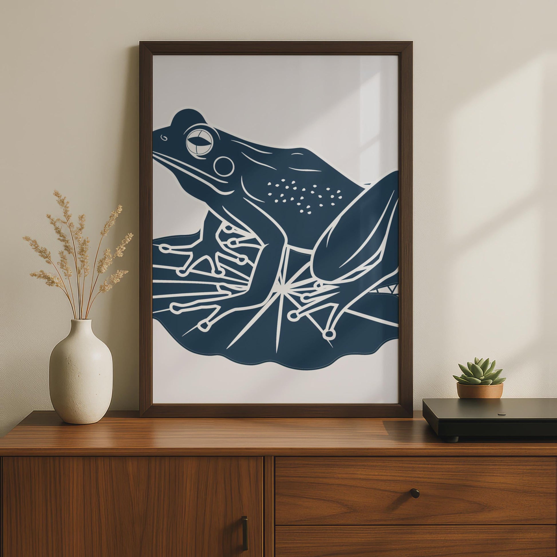 Frog on Lily Pad Poster, Navy Blue Minimalist Animal Print, Frog Wall Art Decor wall art print