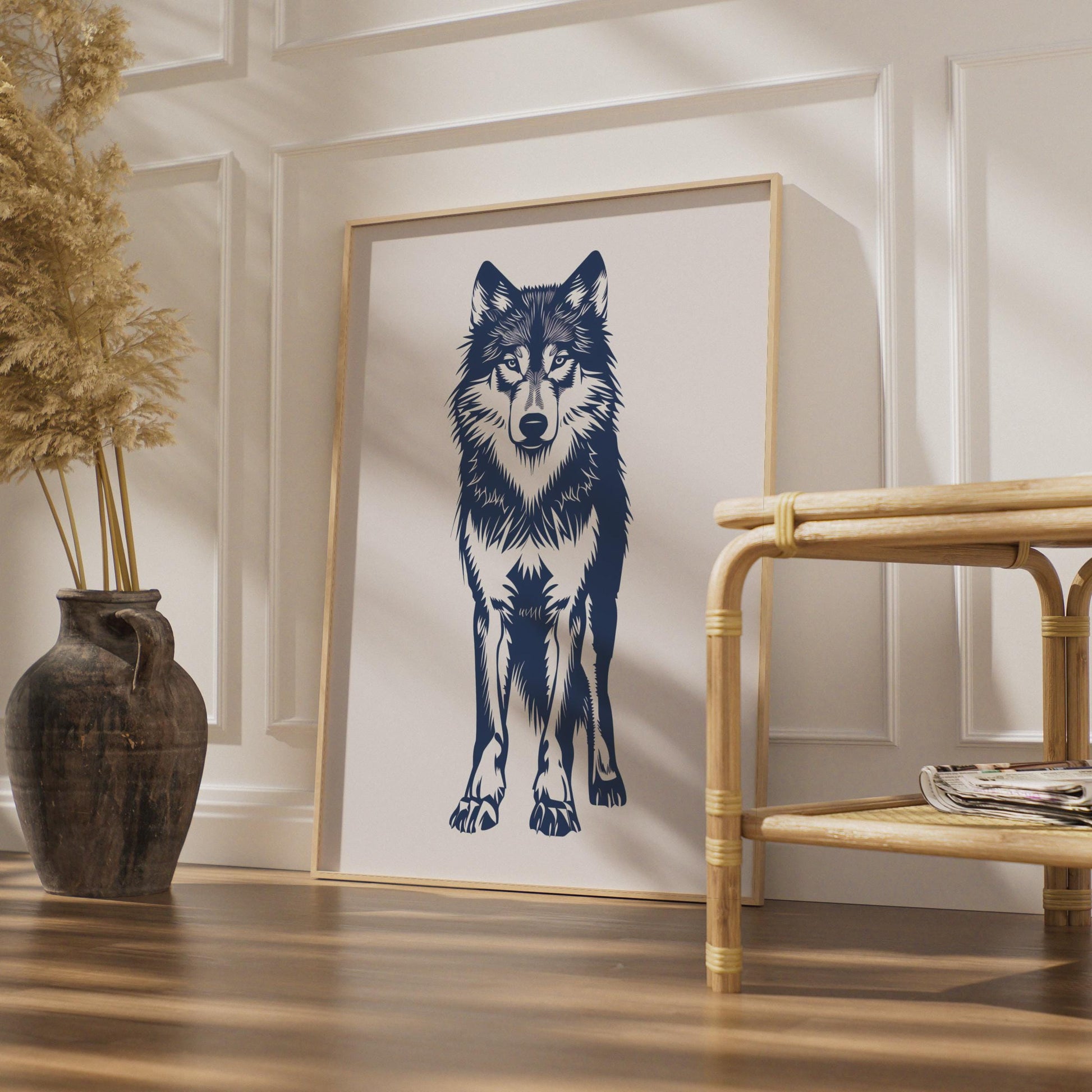 Navy Blue Wolf Print, Minimalist Wildlife Animal Wall Art wall art print