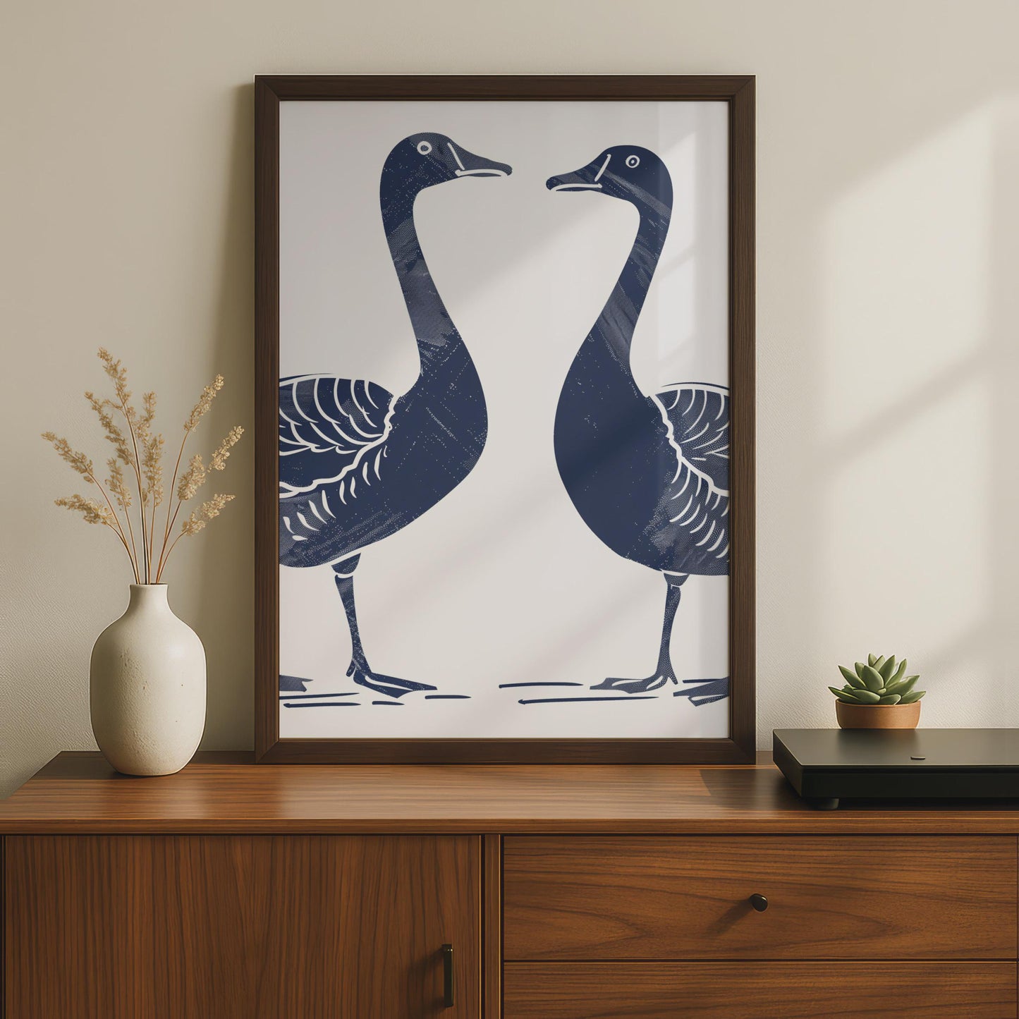 Goose Pair Poster, Navy Blue Bird Print, Minimalist Animal Wall Art, Linocut Style Geese wall art print