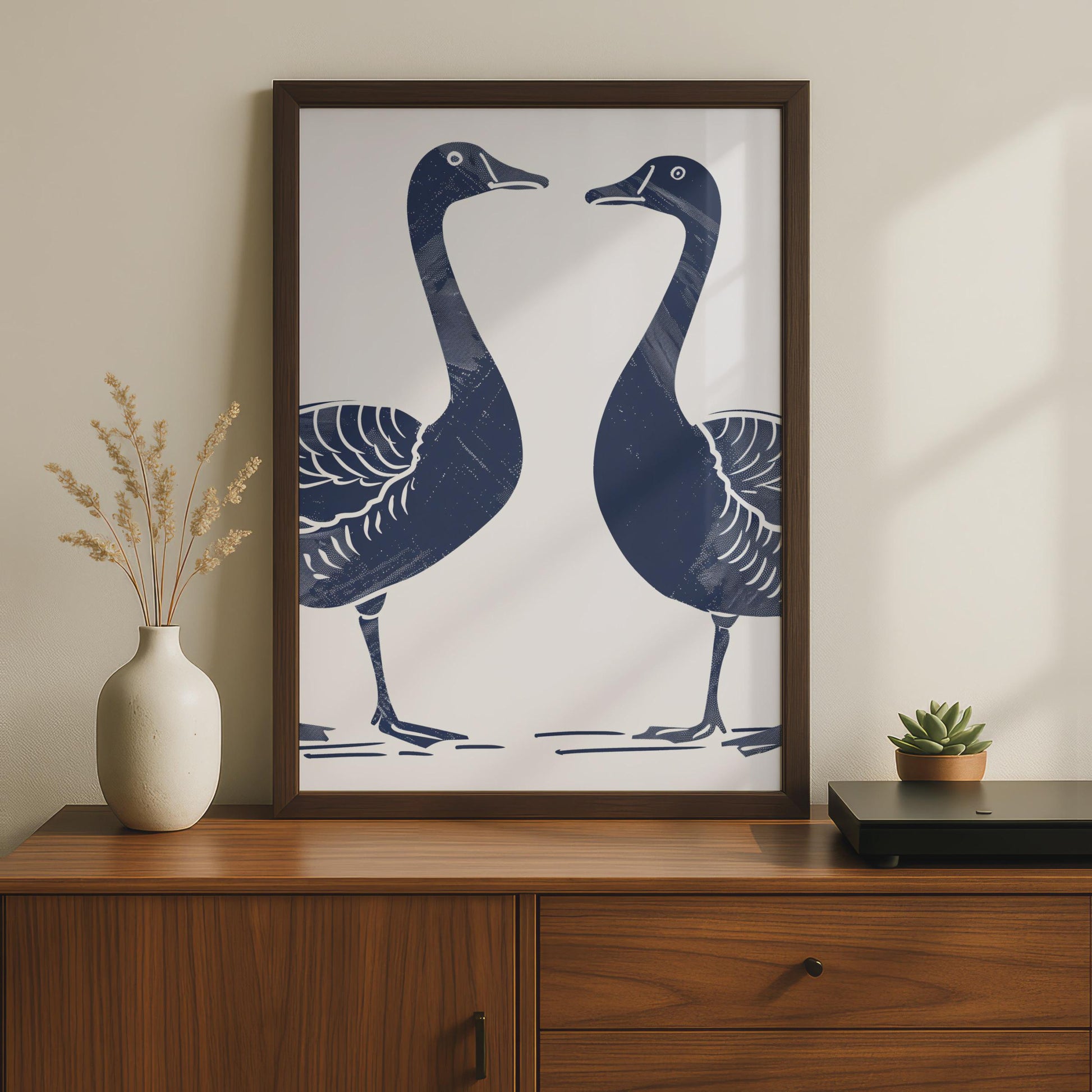 Goose Pair Poster, Navy Blue Bird Print, Minimalist Animal Wall Art, Linocut Style Geese wall art print