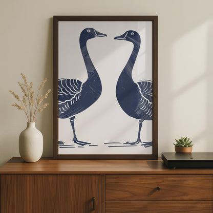 Goose Pair Poster, Navy Blue Bird Print, Minimalist Animal Wall Art, Linocut Style Geese wall art print