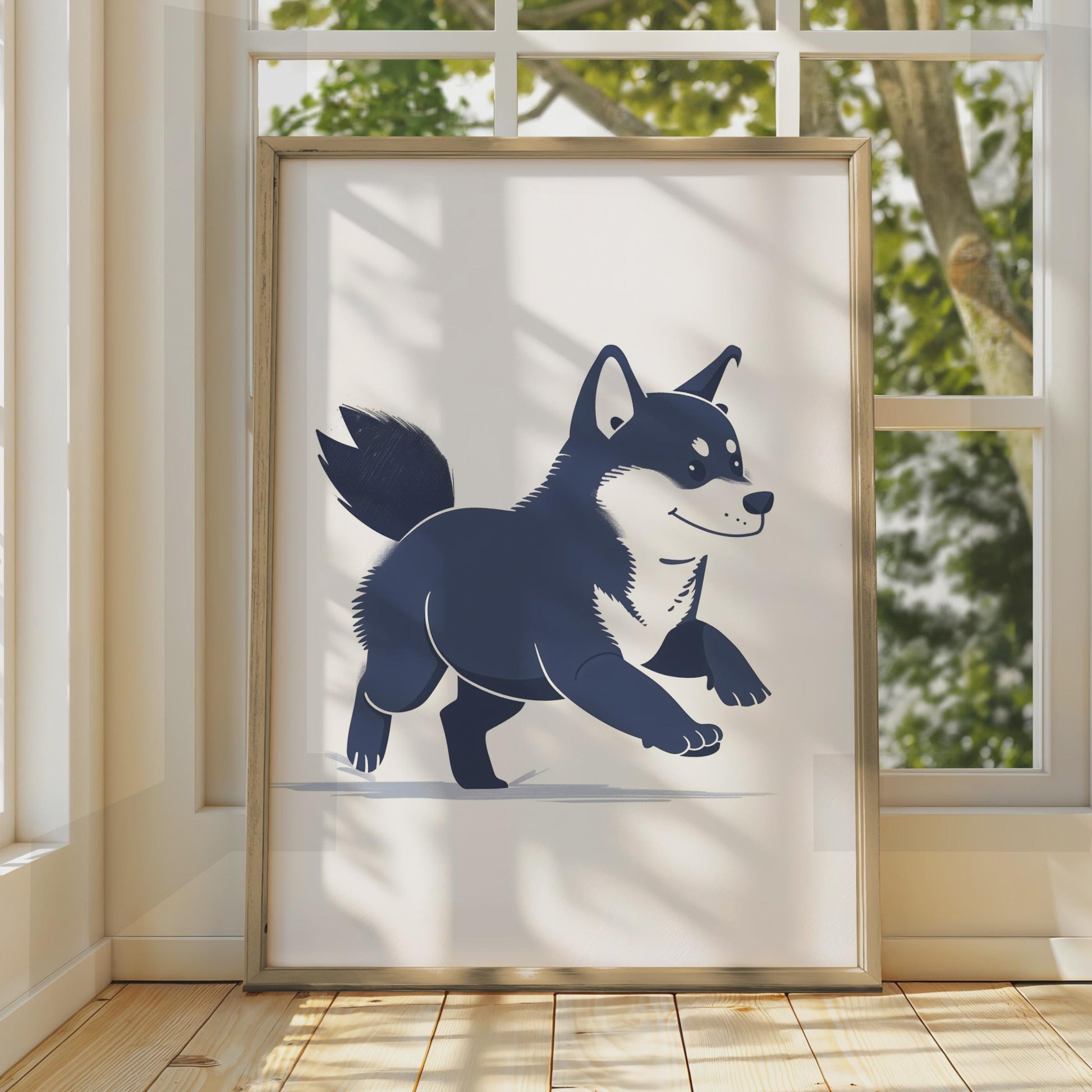 Shiba Inu Running Illustration, Navy Blue Dog Art Print, Minimalist Animal Decor wall art print