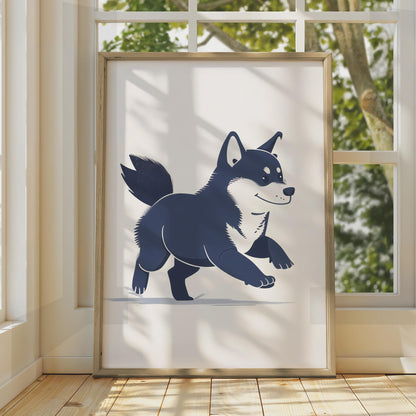 Shiba Inu Running Illustration, Navy Blue Dog Art Print, Minimalist Animal Decor wall art print