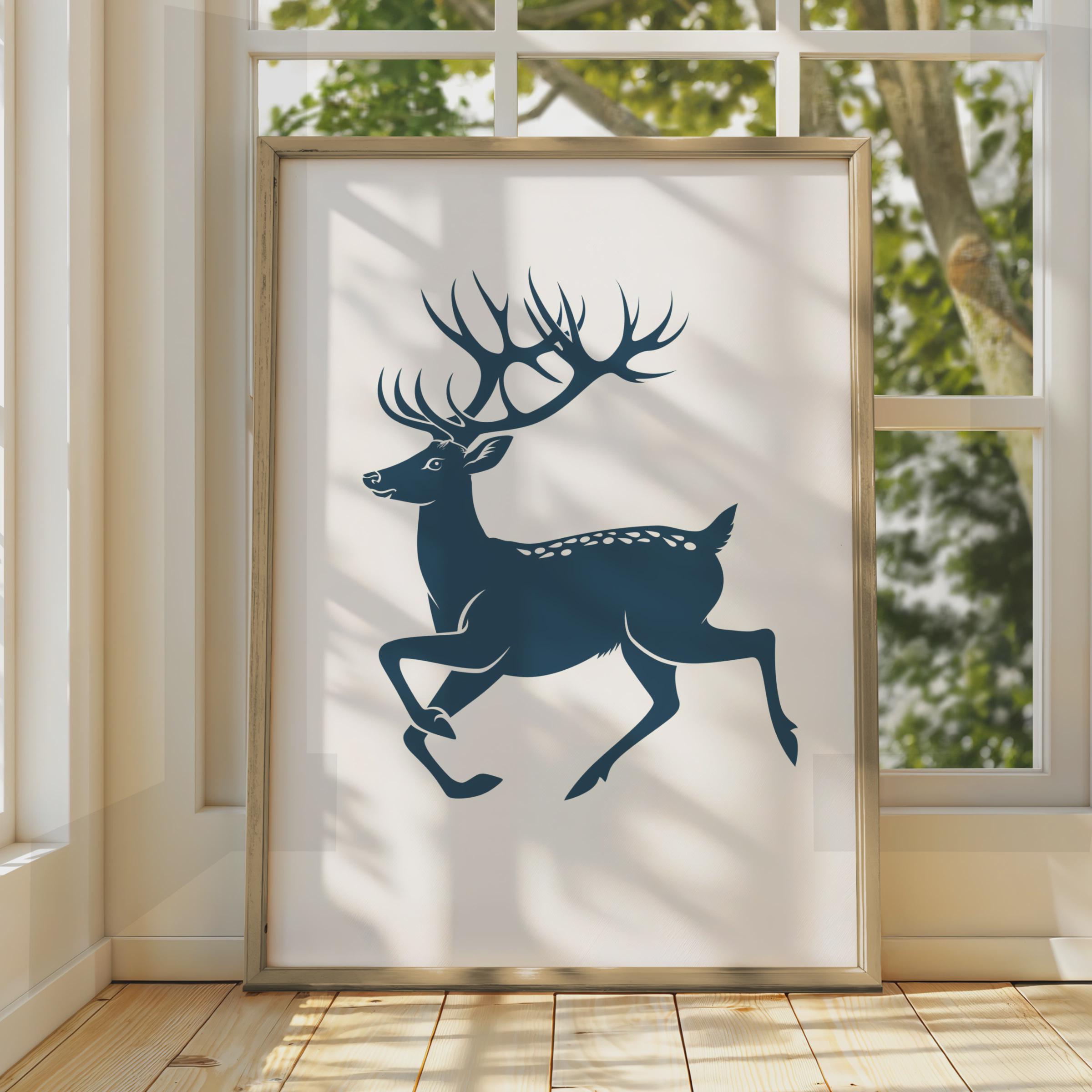 Running Stag Poster, Navy Blue Deer Print, Minimalist Animal Wall Art, Antler Decor wall art print