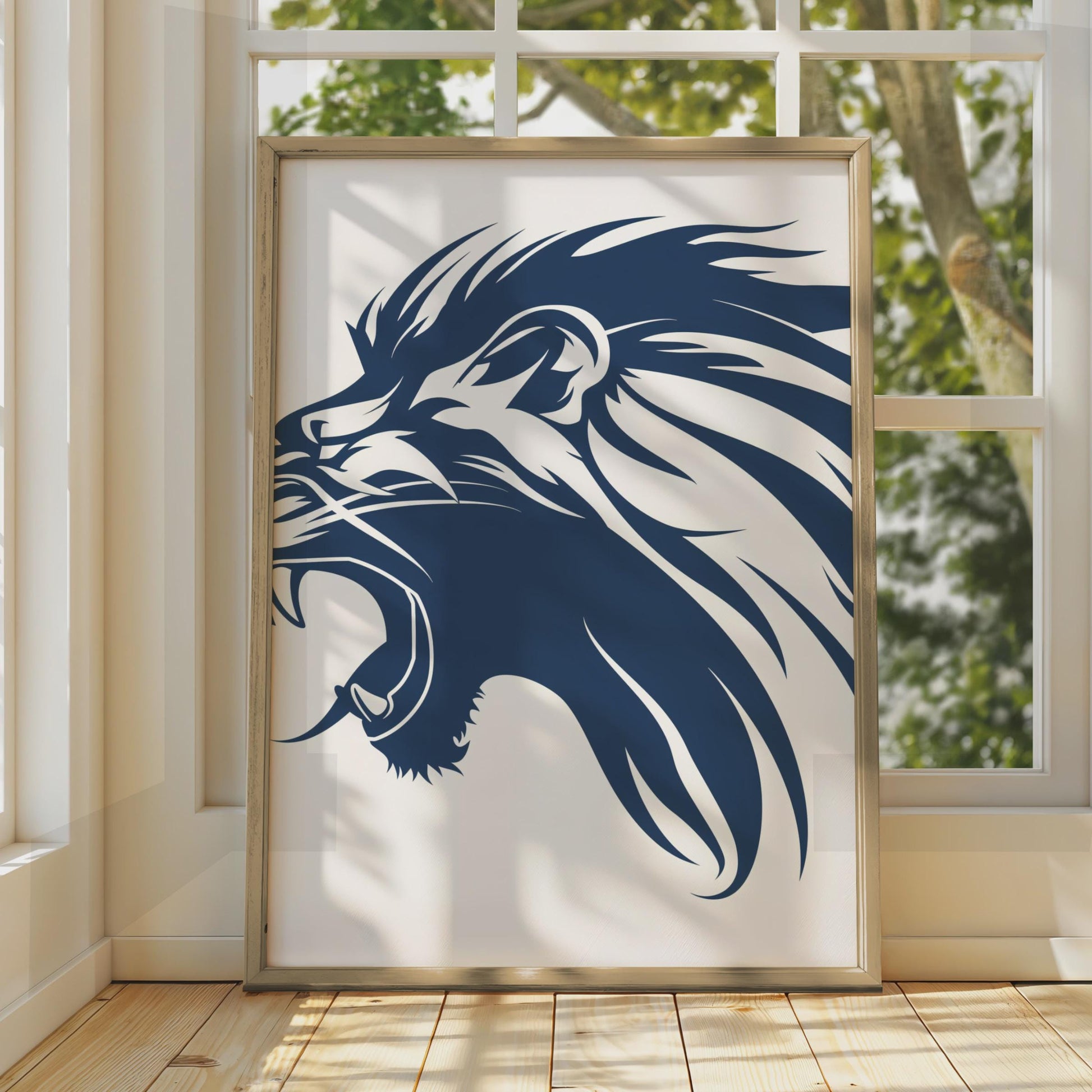 Roaring Lion Head Print, Navy Blue Animal Wall Art, Minimalist Decor wall art print