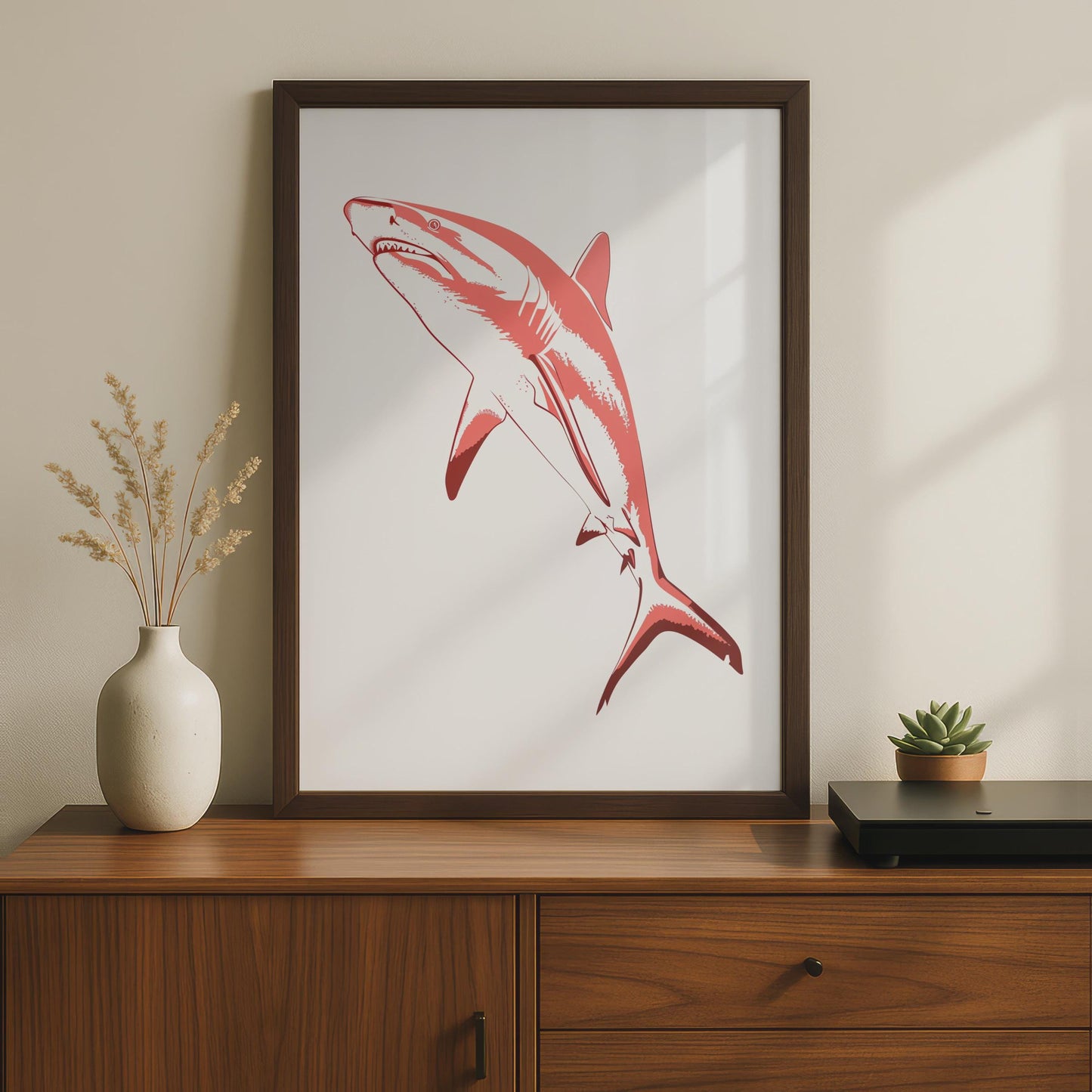 Red White Shark Print, Bold Marine Animal Wall Art wall art print