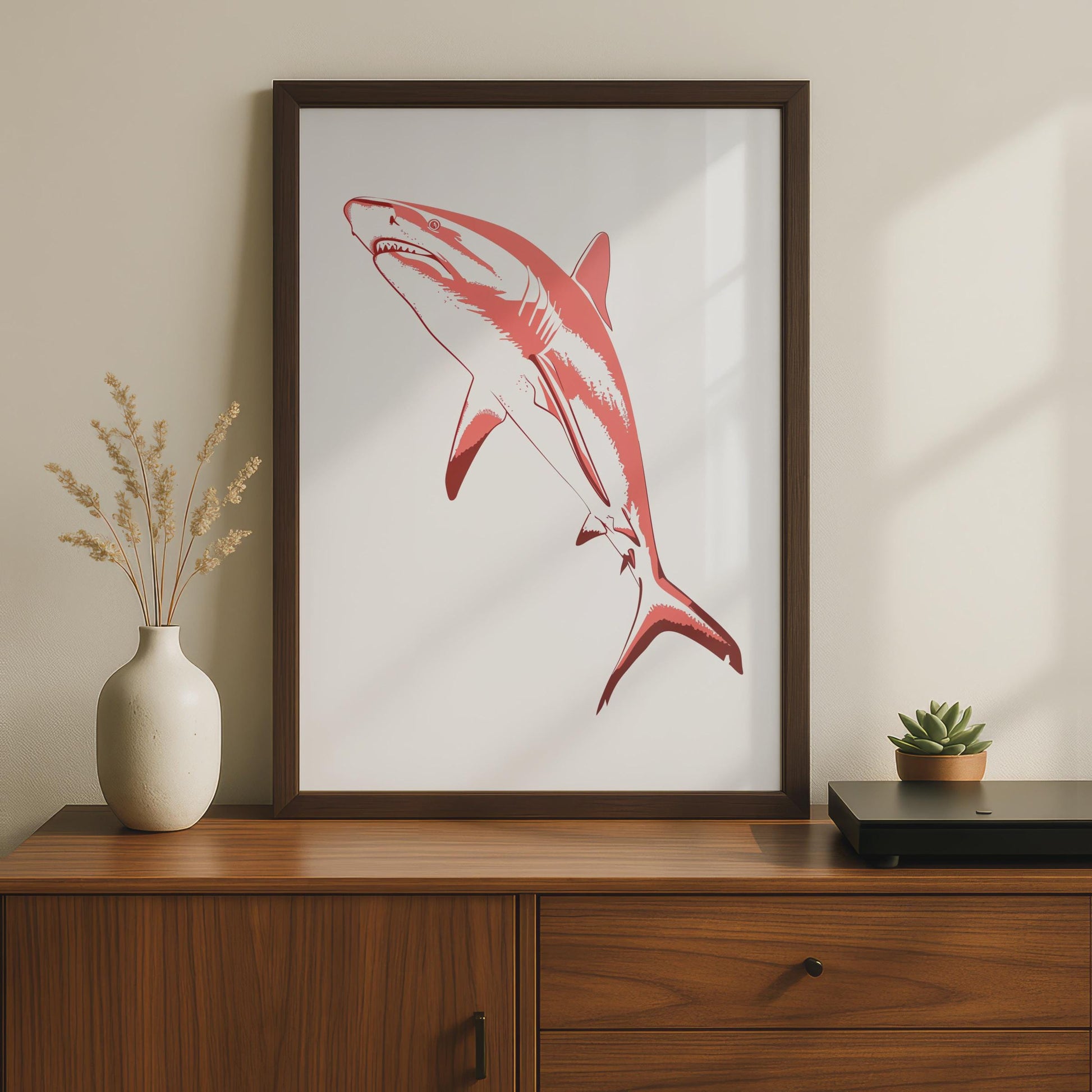Red White Shark Print, Bold Marine Animal Wall Art wall art print