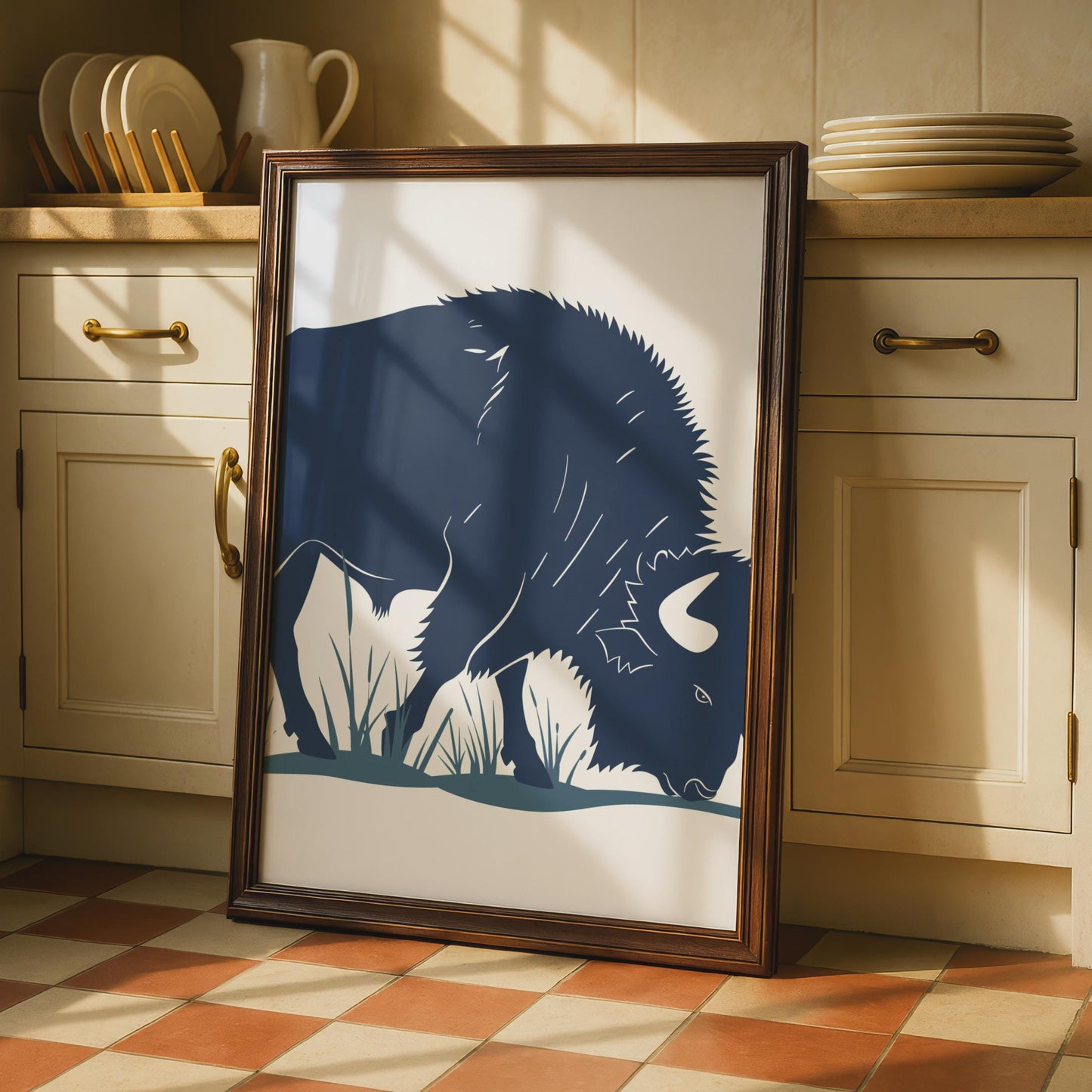 Bison Poster, Navy Blue Buffalo Wall Art, Grazing Bison Print, Wildlife Animal Decor wall art print