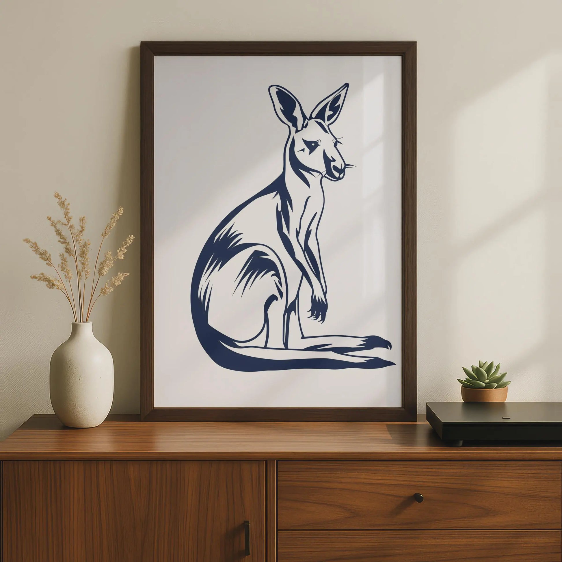 Kangaroo Poster, Navy Blue Animal Print, Australian Wildlife Wall Art, Minimalist Ink Style wall art print