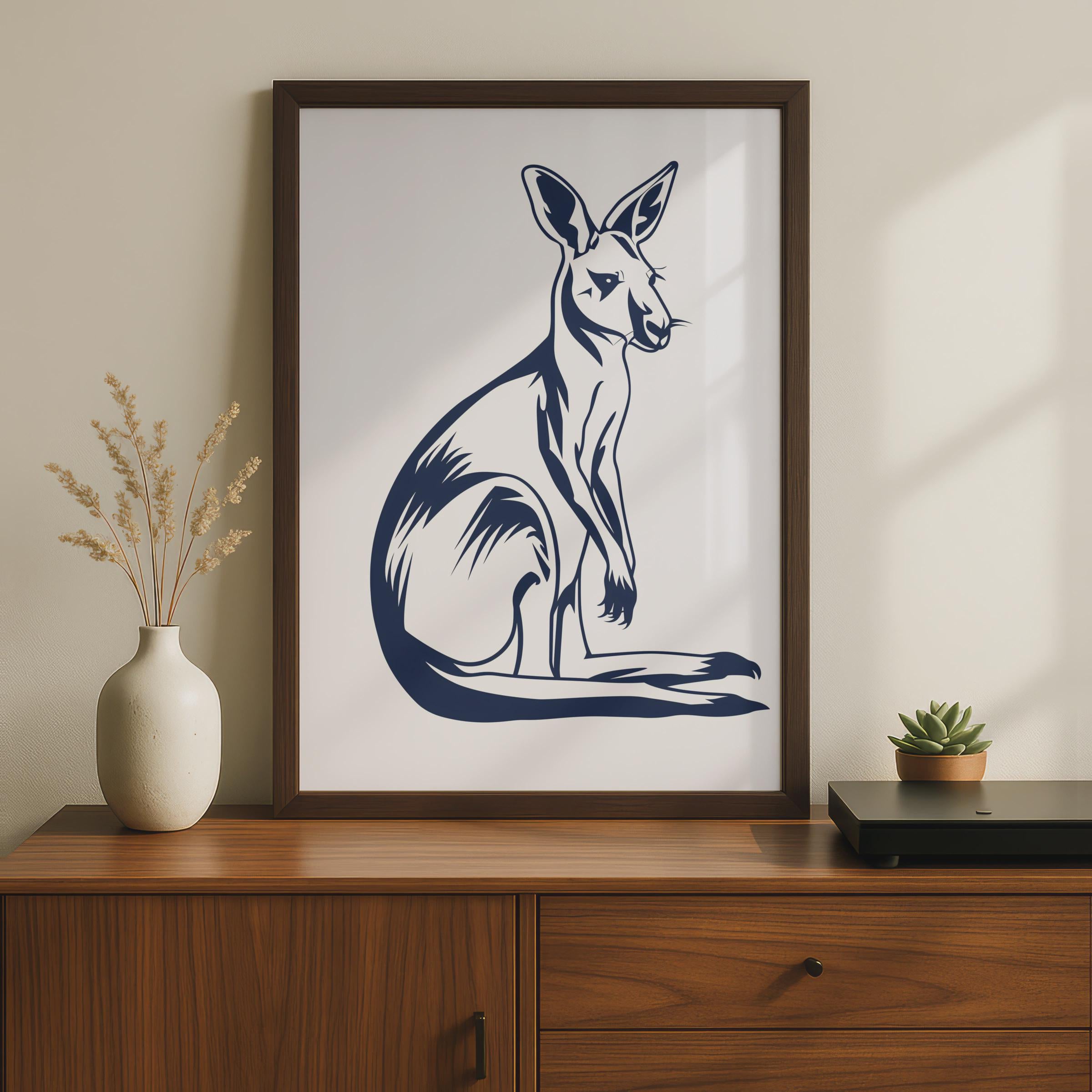 Kangaroo Poster, Navy Blue Animal Print, Australian Wildlife Wall Art, Minimalist Ink Style wall art print