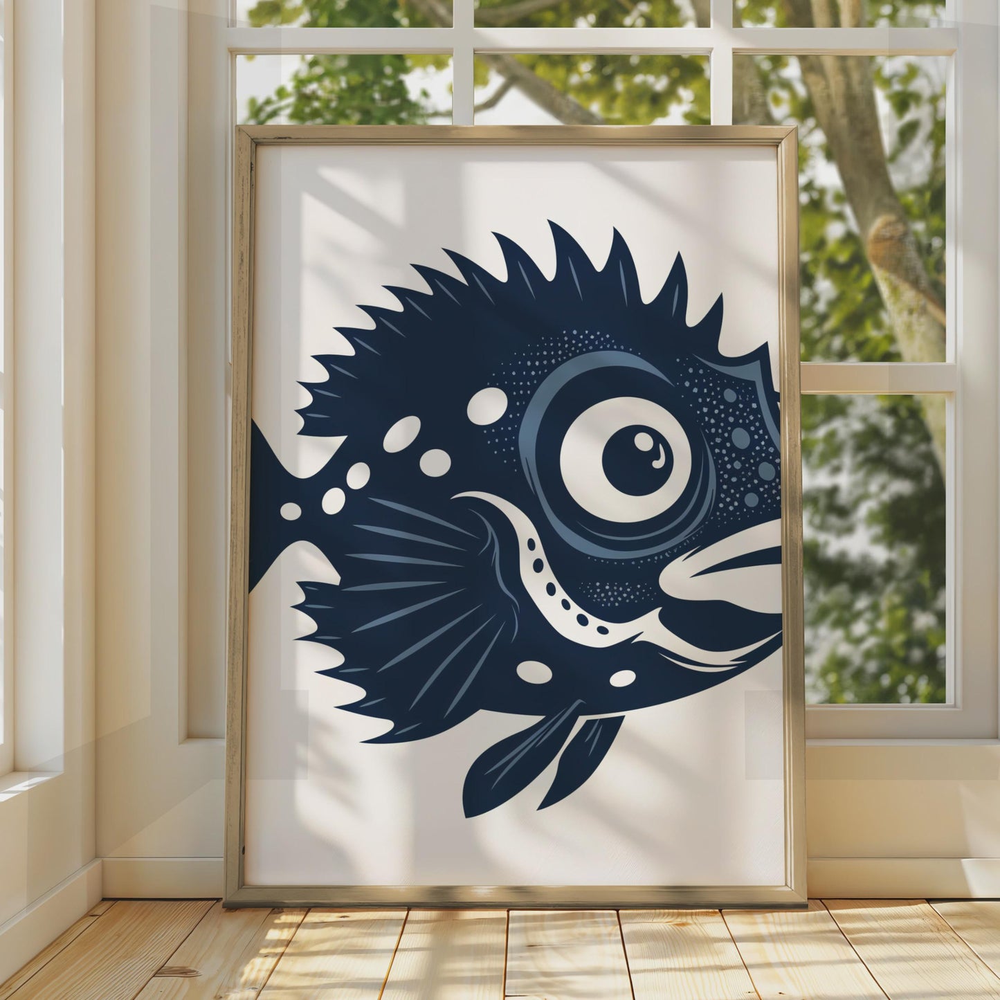 Fish Animal Poster, Navy Blue Fish Print, Ocean Wall Art, Sea Creature Decor wall art print