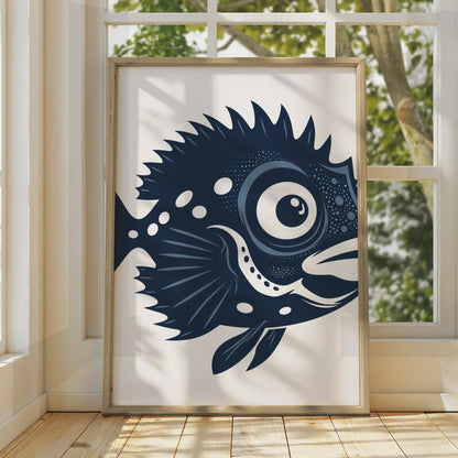 Fish Animal Poster, Navy Blue Fish Print, Ocean Wall Art, Sea Creature Decor wall art print