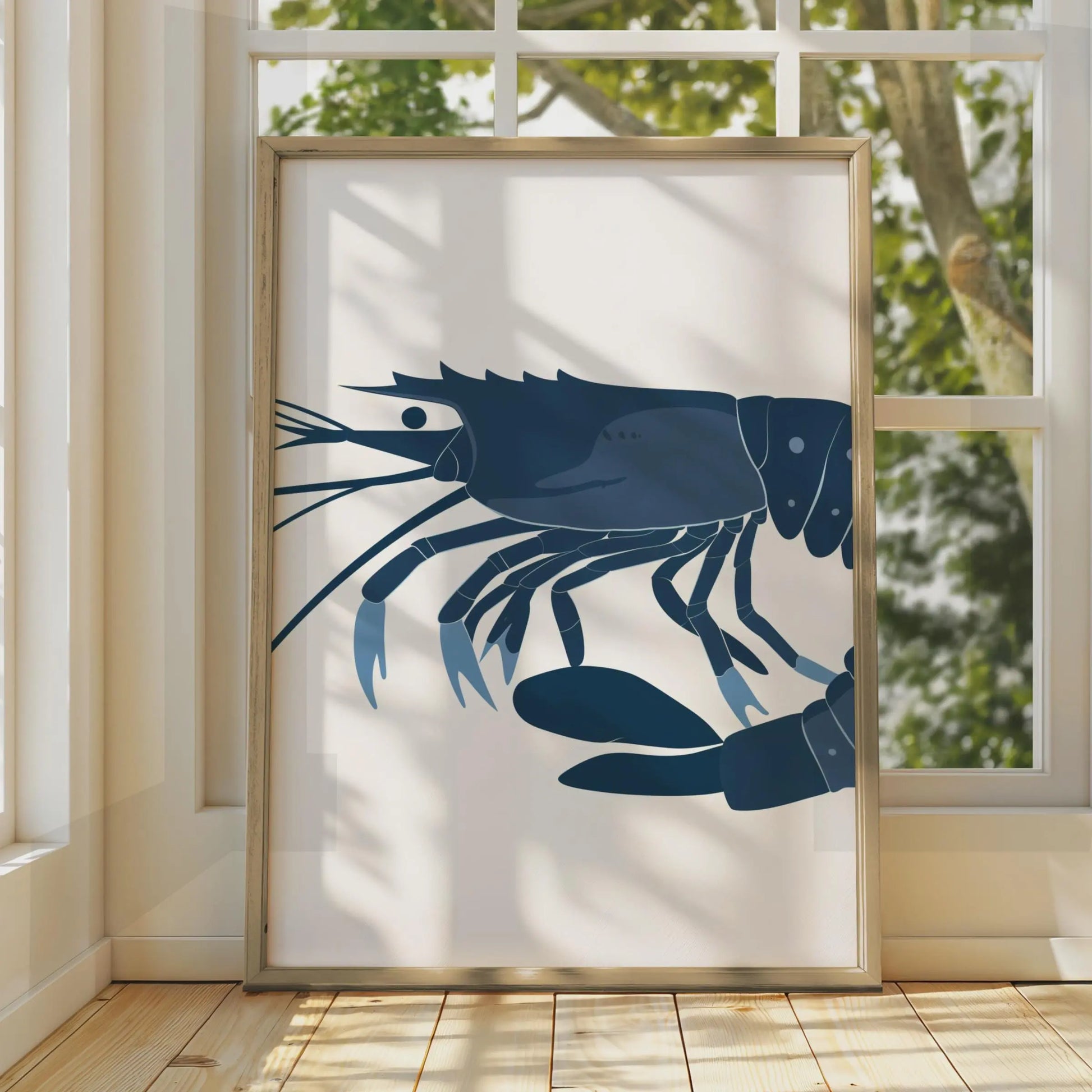 Shrimp Poster, Navy Blue Prawn Wall Art Print, Minimalist Ocean Animal Art, Coastal Decor wall art print