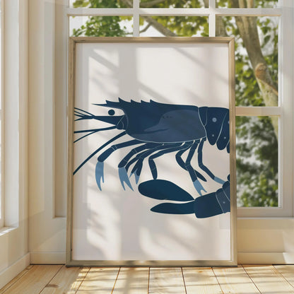Shrimp Poster, Navy Blue Prawn Wall Art Print, Minimalist Ocean Animal Art, Coastal Decor wall art print