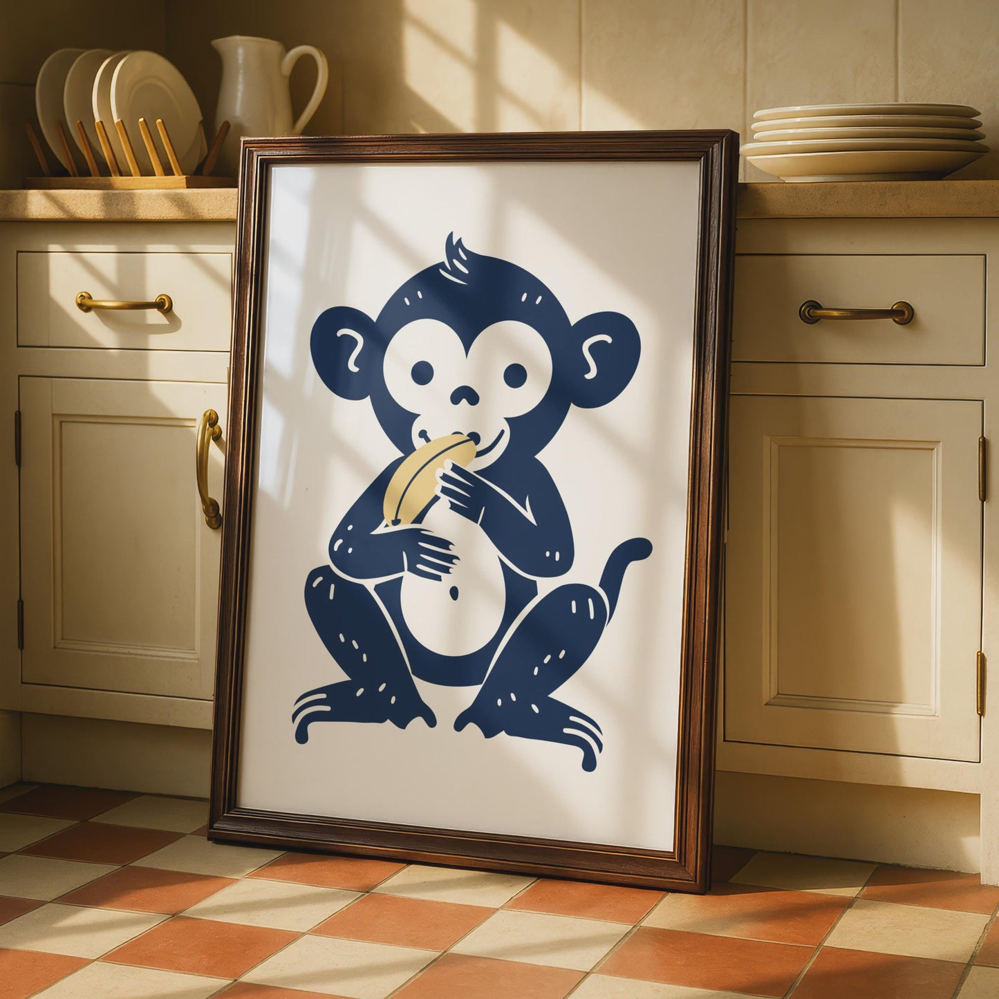 Monkey Eating Banana Poster, Navy Blue Animal Art wall art print
