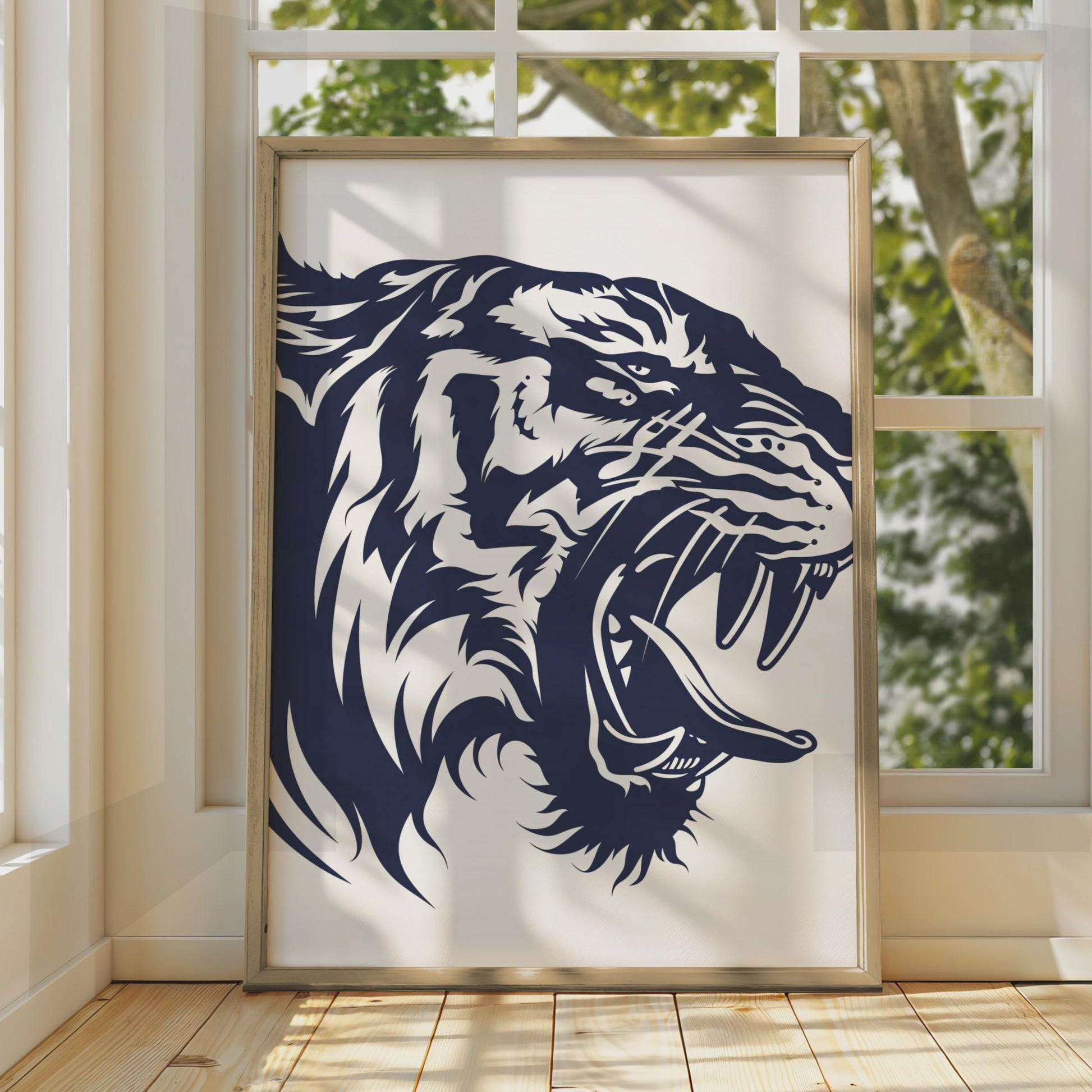 Roaring Tiger Head Poster, Navy Blue Animal Print, Bold Wild Cat Wall Art Decor wall art print