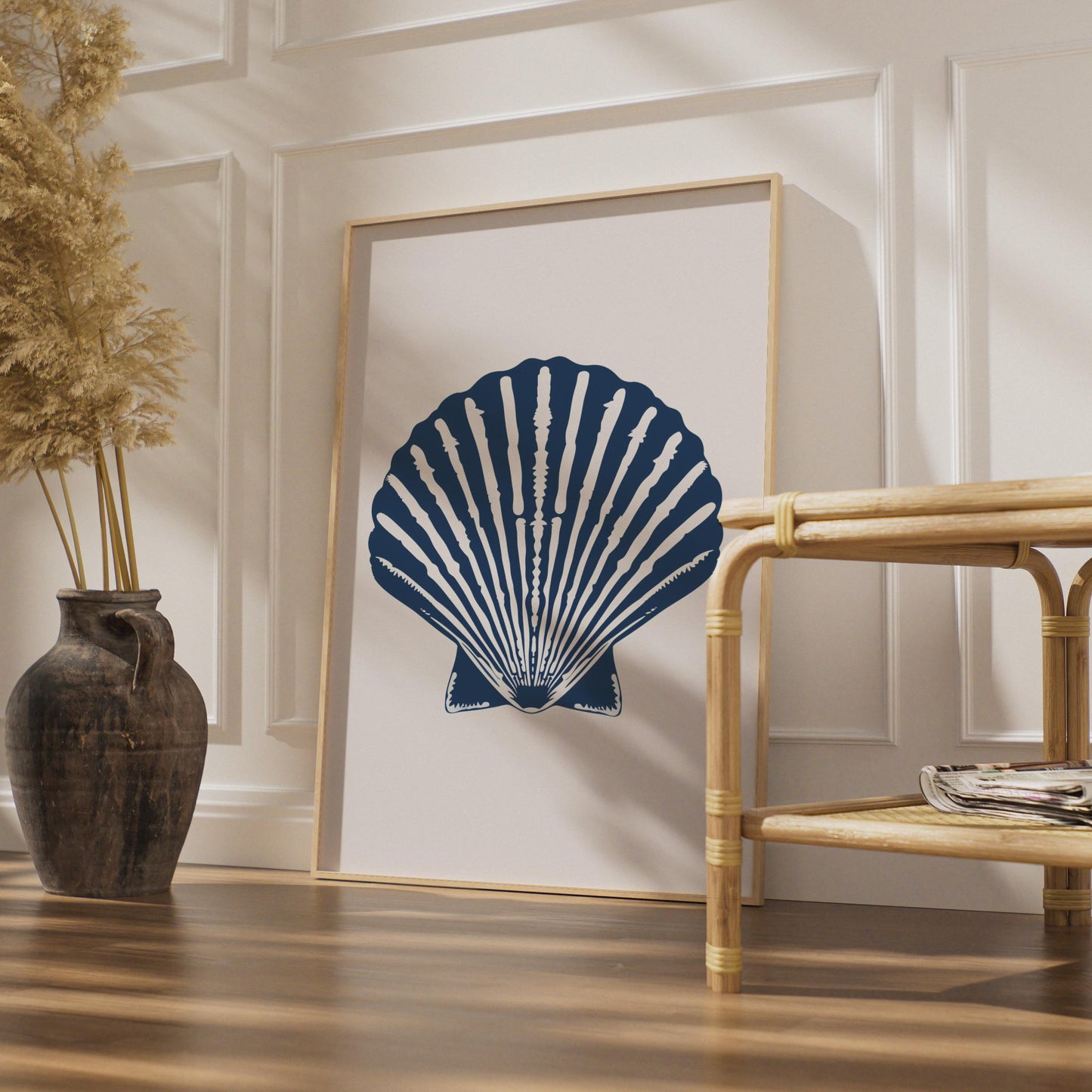 Scallop Shell Poster, Navy Blue Nautical Wall Art, Coastal Animal Print, Beach House Decor wall art print