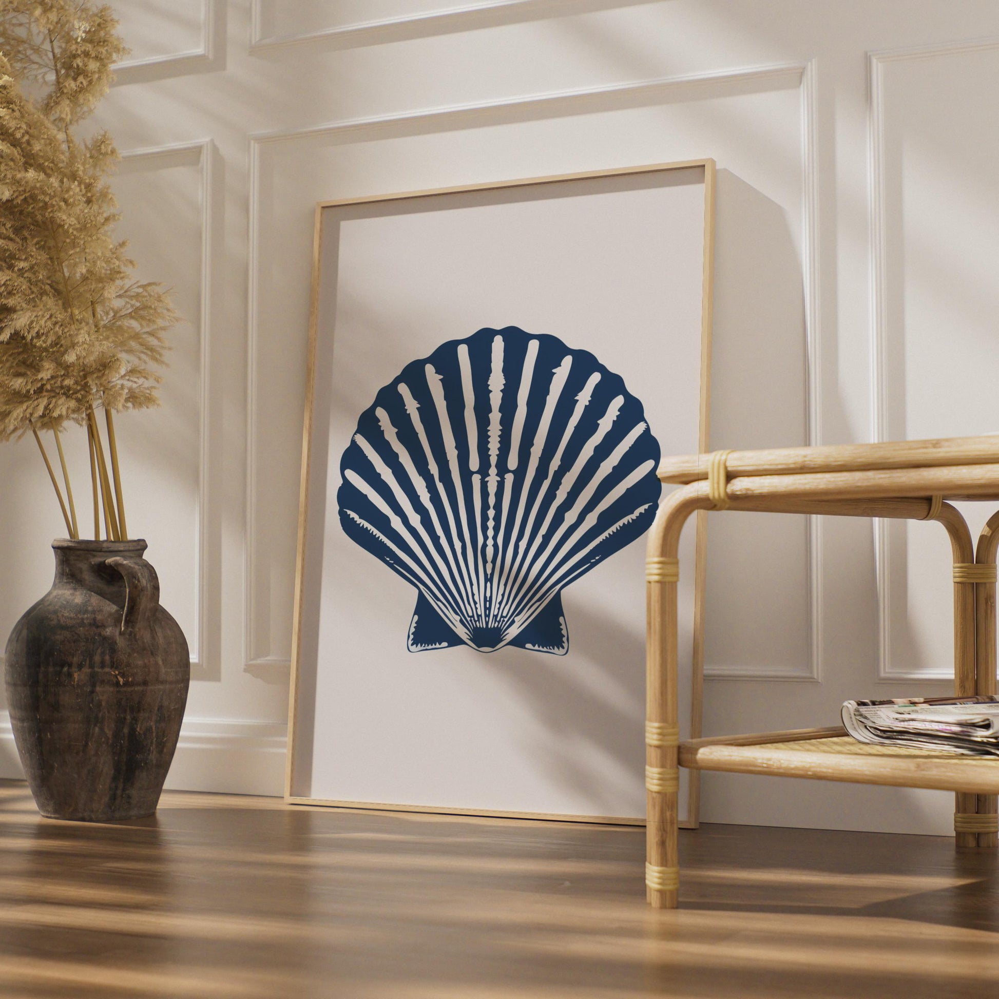 Scallop Shell Poster, Navy Blue Nautical Wall Art, Coastal Animal Print, Beach House Decor wall art print