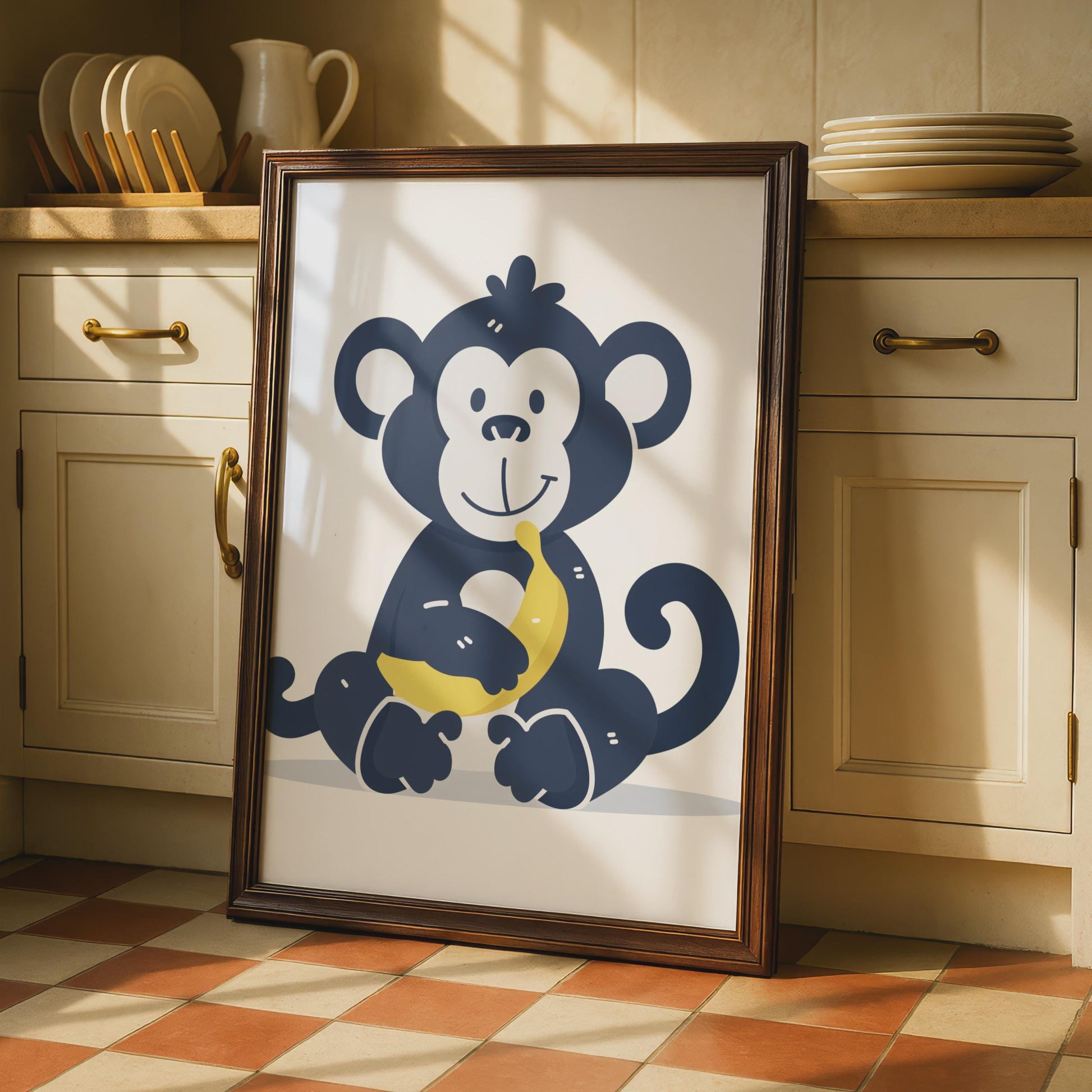 Cartoon Monkey Banana Print, Kids Animal Nursery Wall Art wall art print