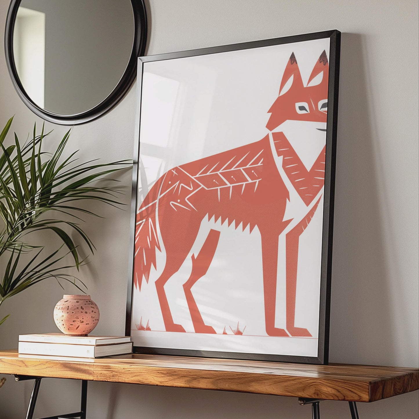 Minimalist Red Fox Art Print, Terracotta Folk Linocut Style Poster wall art print
