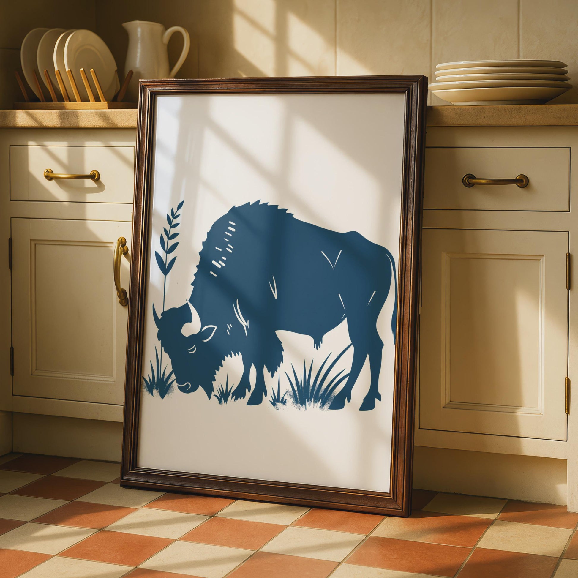 Bison Animal Poster, Navy Blue Buffalo Print, Minimalist Wildlife Wall Art, Nature Decor wall art print