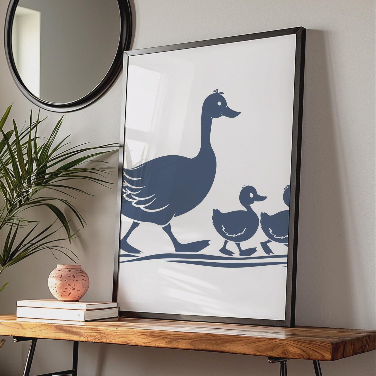 Duck Family Poster, Mother Duck Ducklings Wall Art, Navy Silhouette Animal Print wall art print
