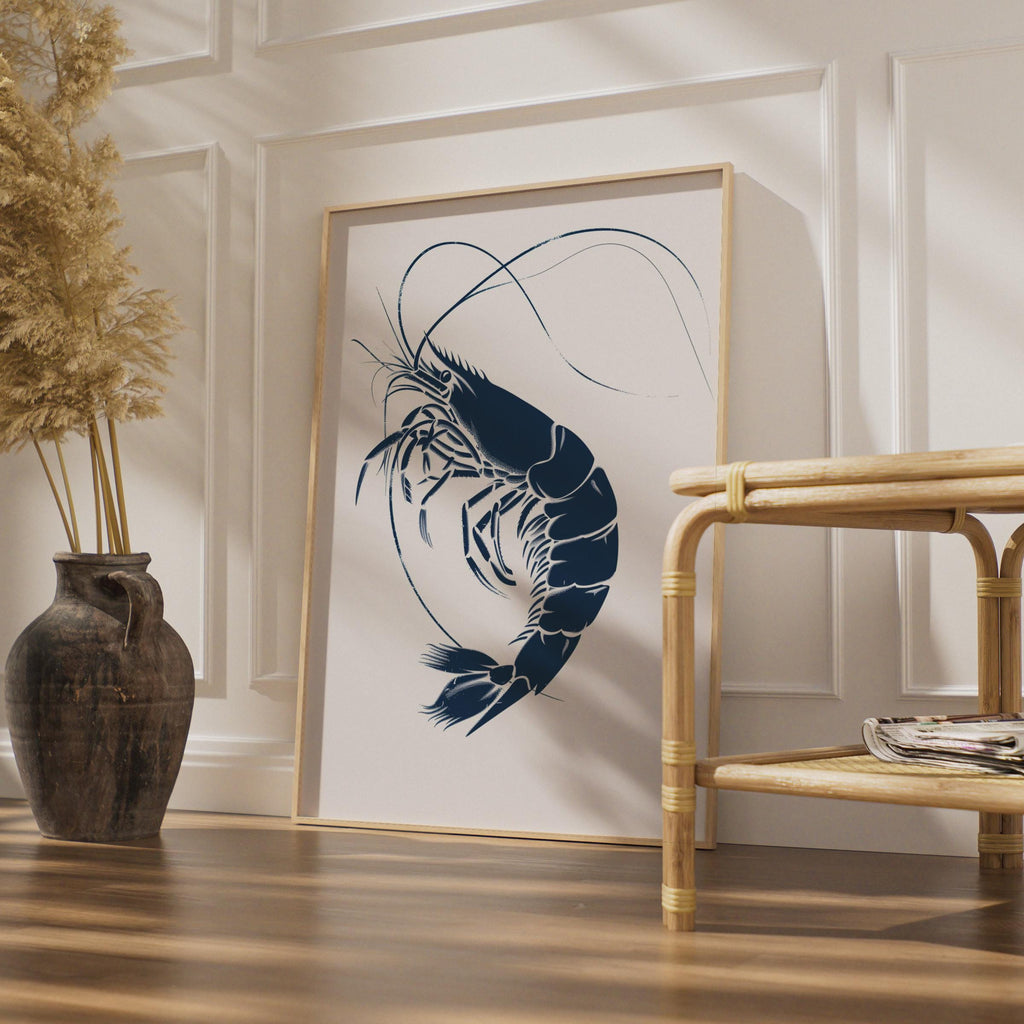 Navy Blue Prawn Art Print, Minimalist Coastal Sea Life Poster wall art print