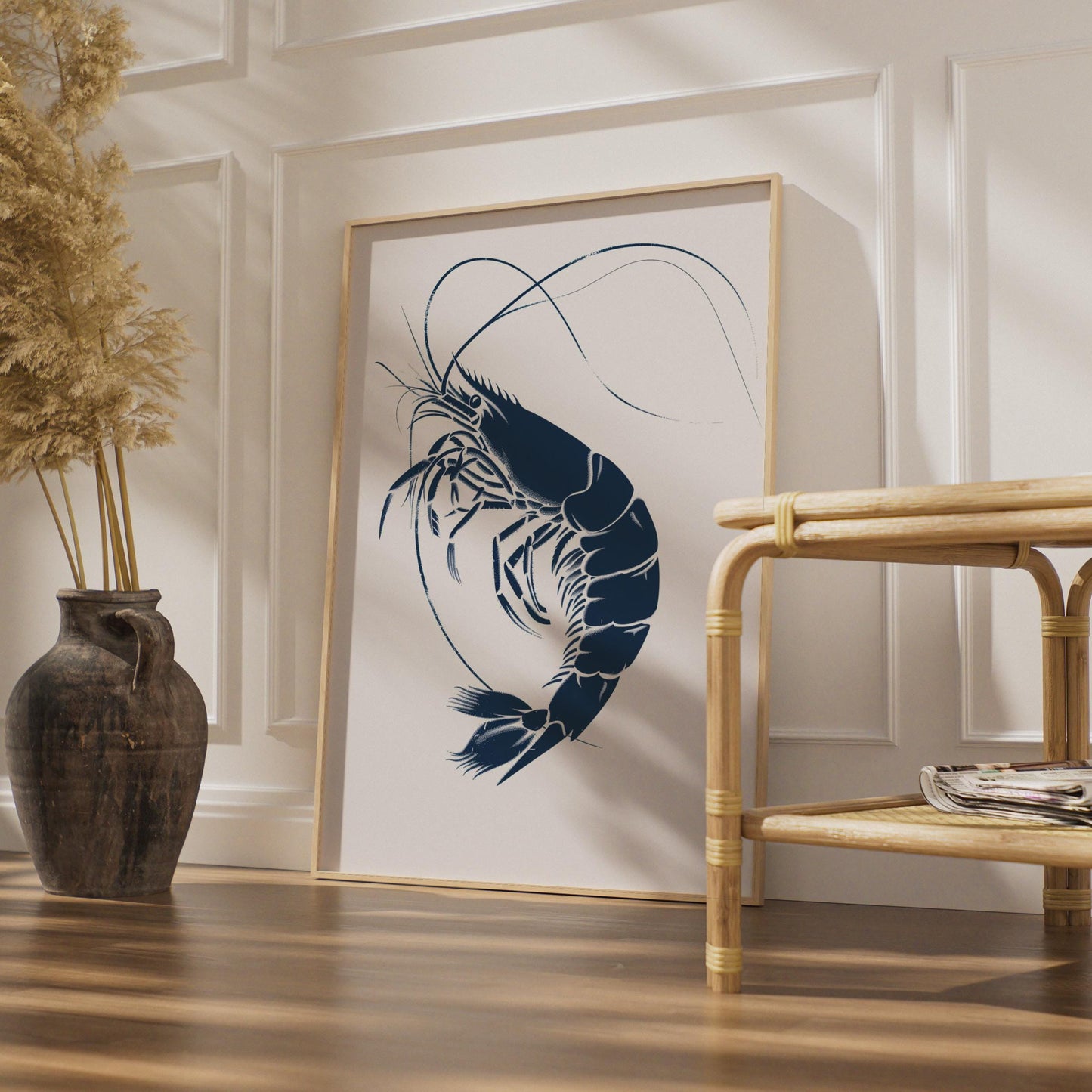 Navy Blue Prawn Art Print, Minimalist Coastal Sea Life Poster wall art print