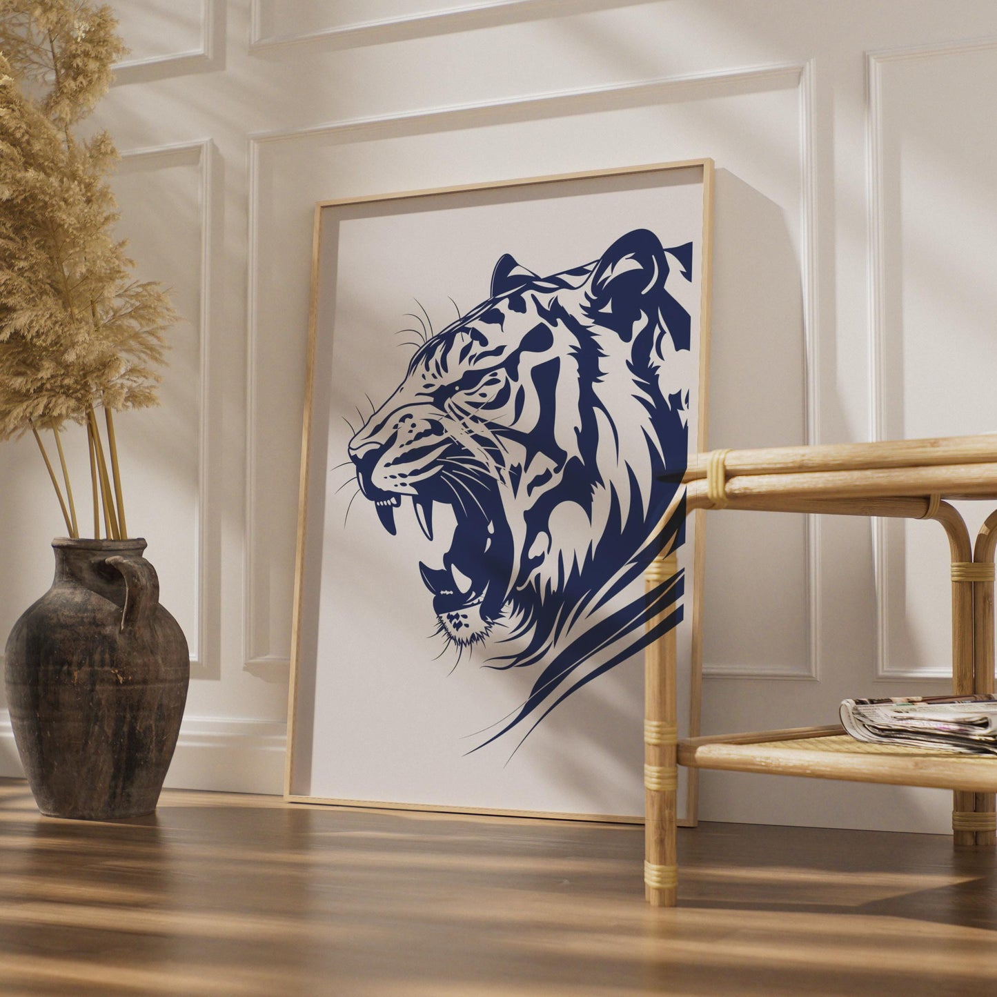 Roaring Tiger Poster, Navy Blue Animal Print, Bold Wildlife Wall Art, Big Cat Decor wall art print