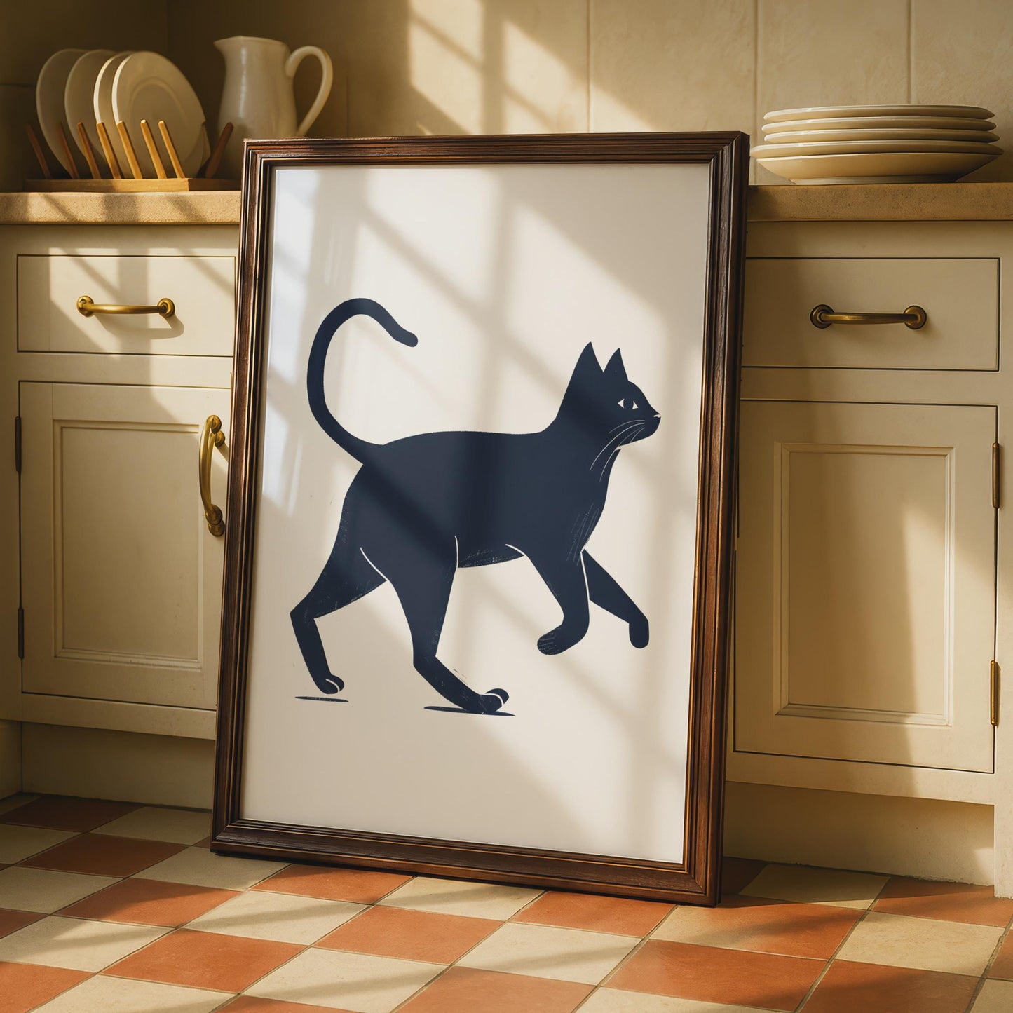 Minimalist Black Cat Print, Navy Blue Walking Animal Art, Linocut Style Poster wall art print