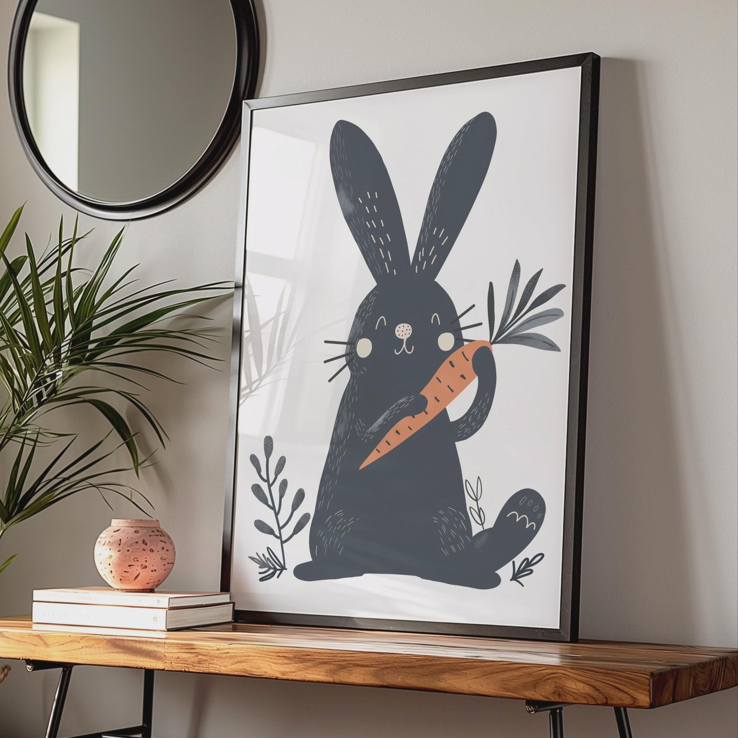 Dark Navy Rabbit Holding Carrot Print, Scandinavian Folk Art Nursery Decor wall art print