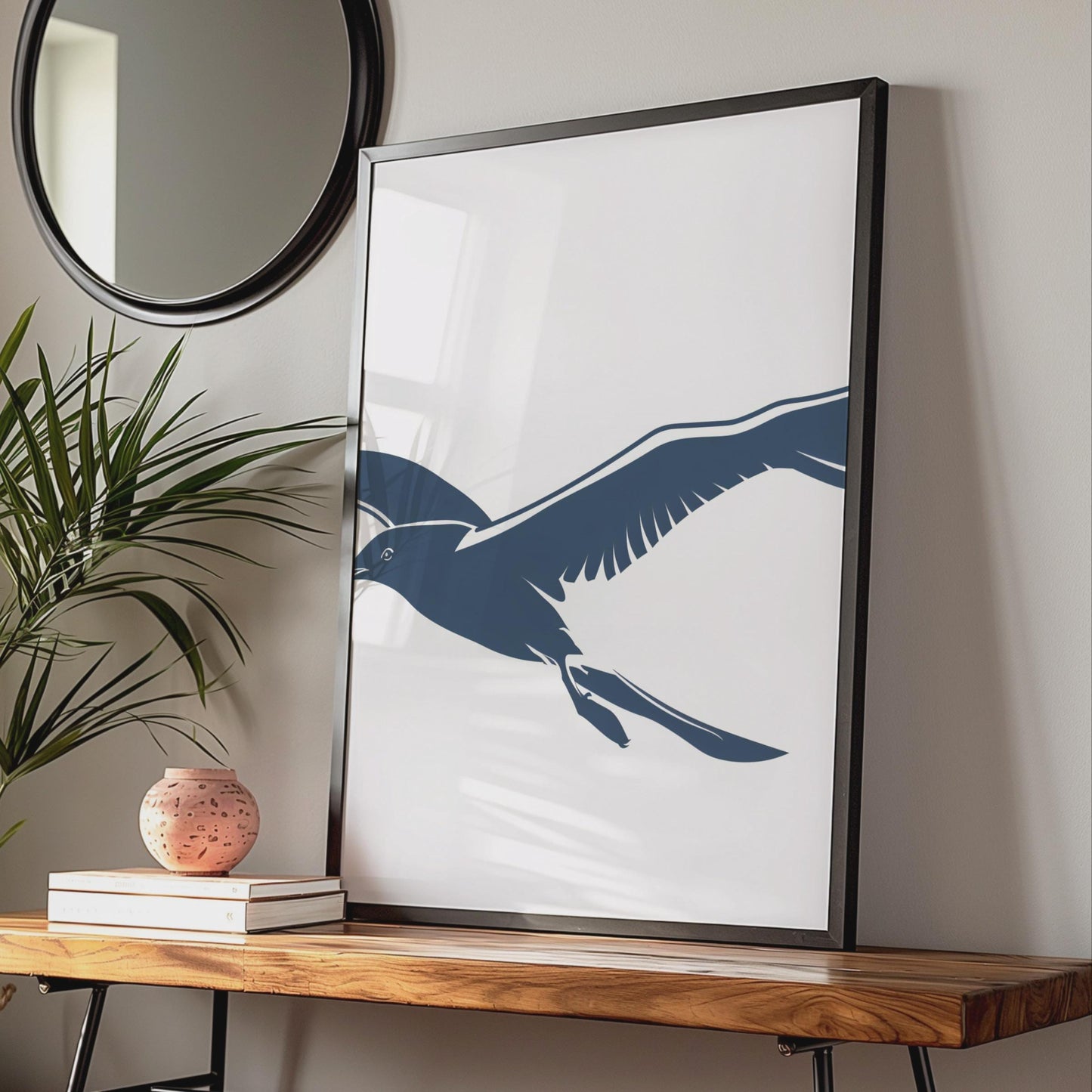 Flying Seagull Poster, Navy Blue Bird Wall Art, Minimalist Coastal Animal Print wall art print