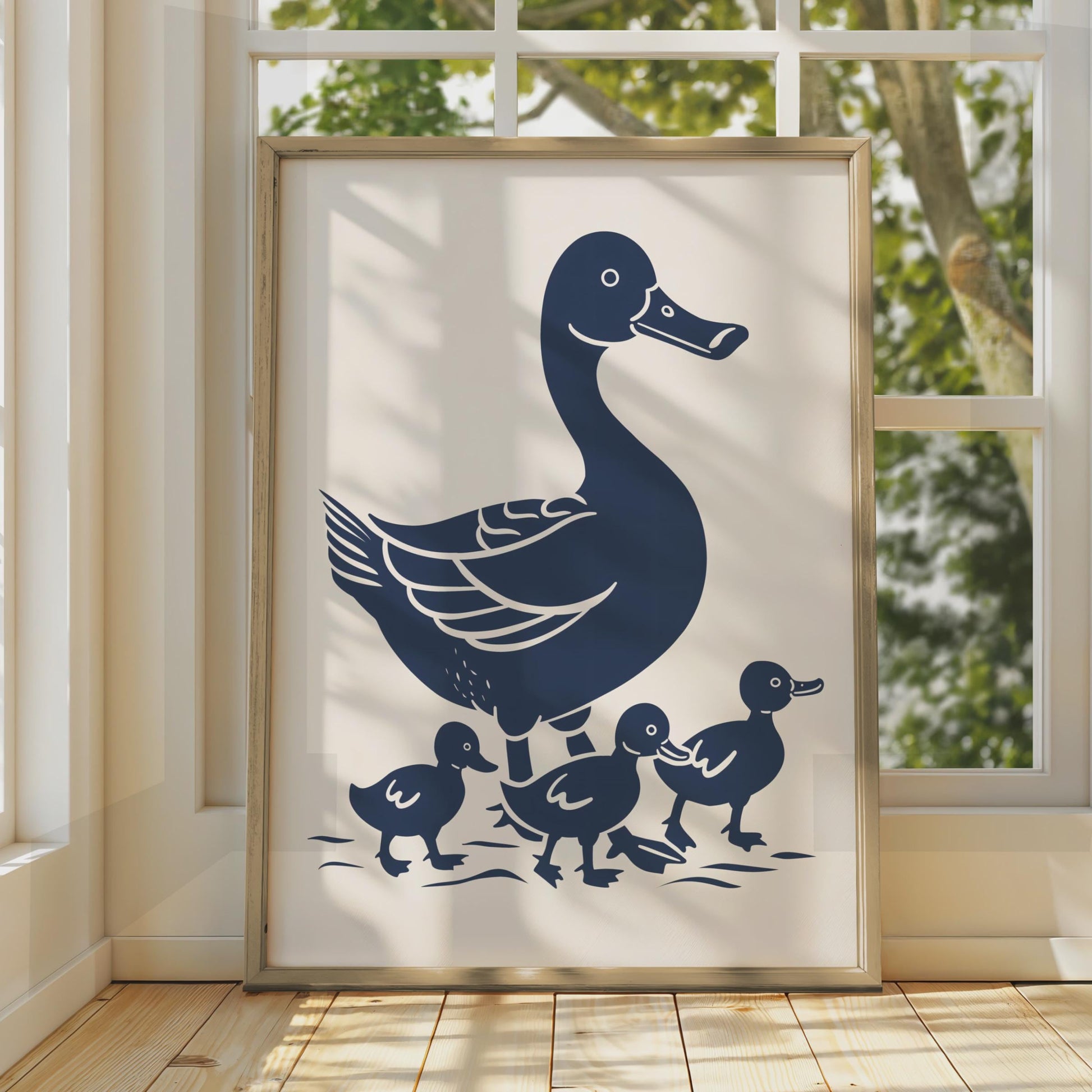 Duck Family Poster, Mother Duck Ducklings Wall Art, Navy Blue Animal Print, Nursery Decor wall art print
