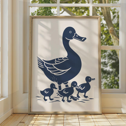 Duck Family Poster, Mother Duck Ducklings Wall Art, Navy Blue Animal Print, Nursery Decor wall art print