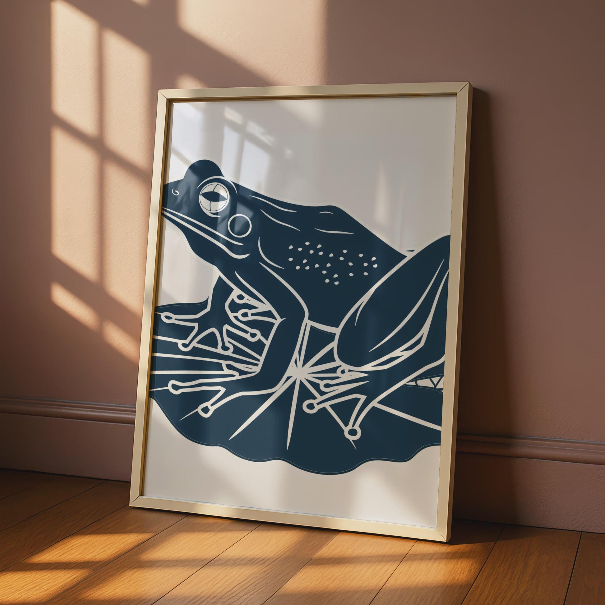 Frog on Lily Pad Poster, Navy Blue Minimalist Animal Print, Frog Wall Art Decor wall art print