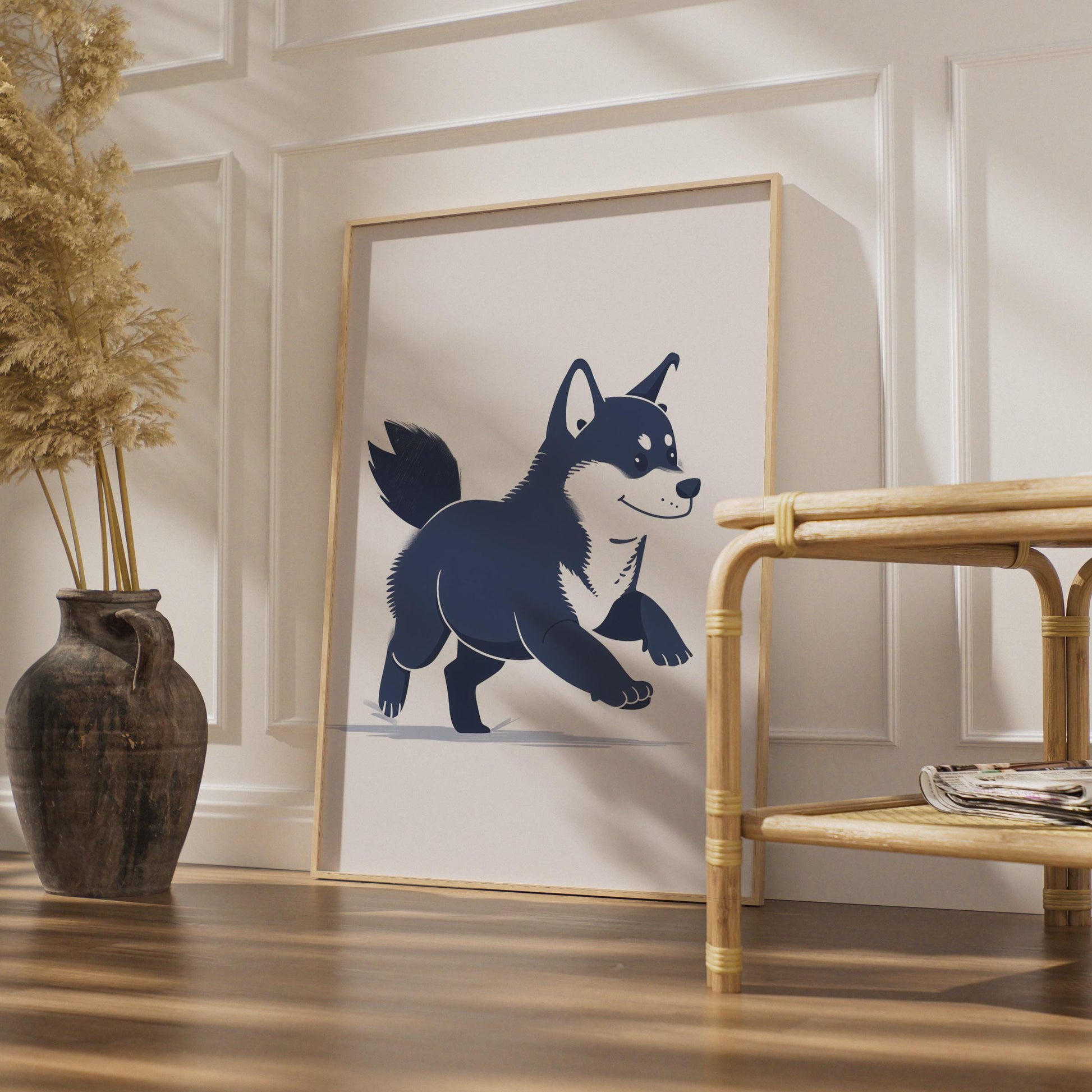 Shiba Inu Running Illustration, Navy Blue Dog Art Print, Minimalist Animal Decor wall art print