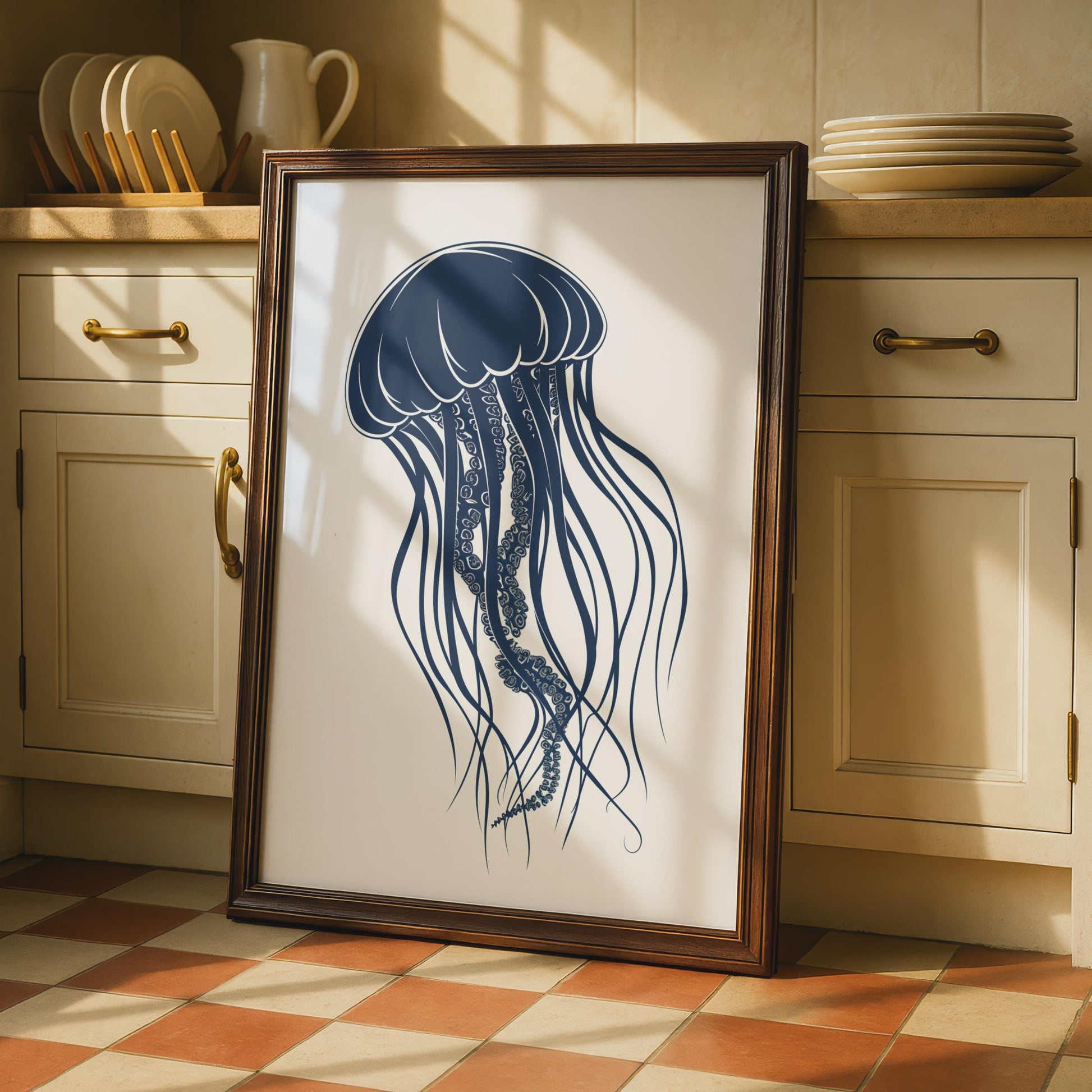 Jellyfish Poster, Navy Blue Ocean Animal Print, Minimalist Sea Wall Art, Coastal Decor wall art print