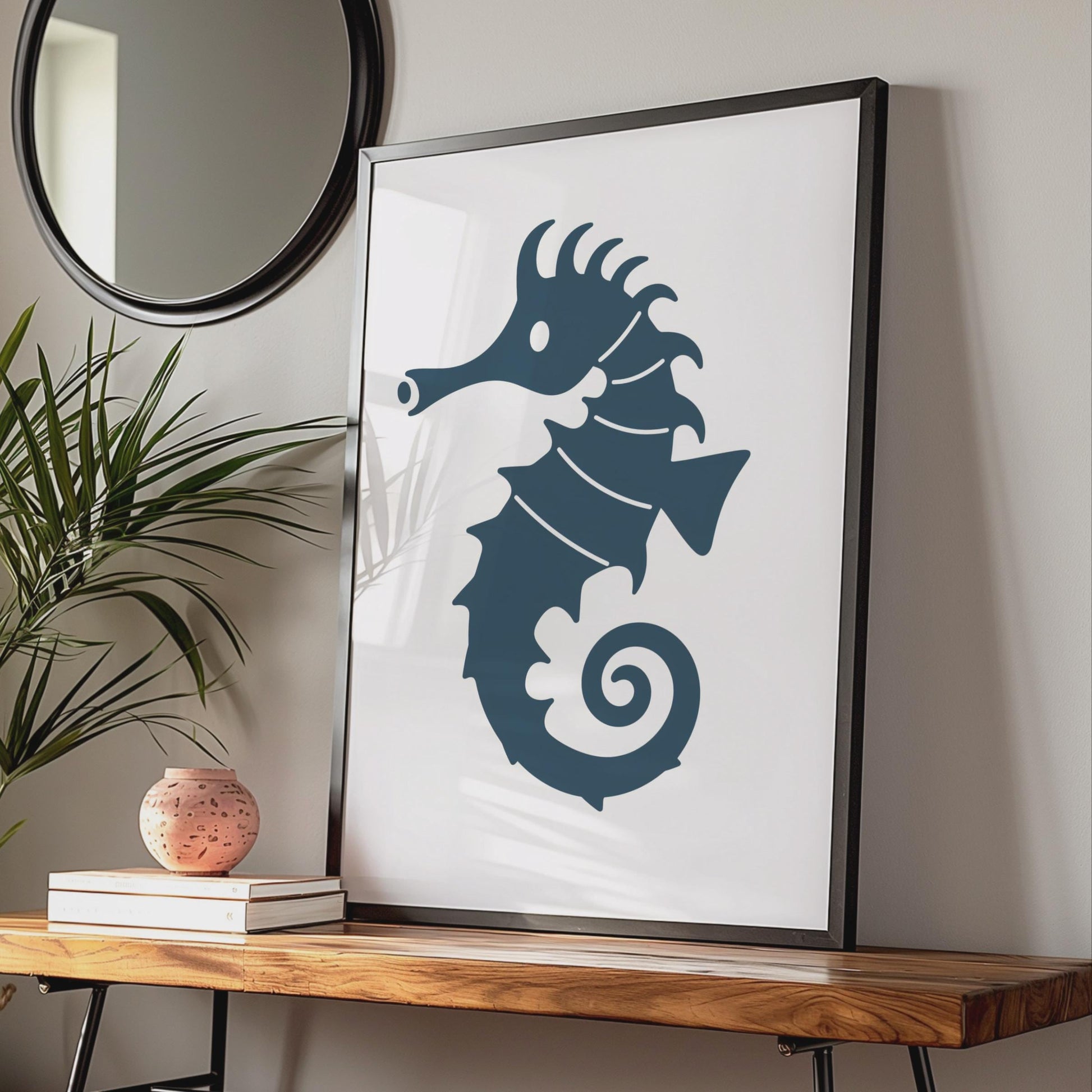 Seahorse Poster, Minimalist Navy Blue Animal Print, Ocean Wall Art, Coastal Decor wall art print
