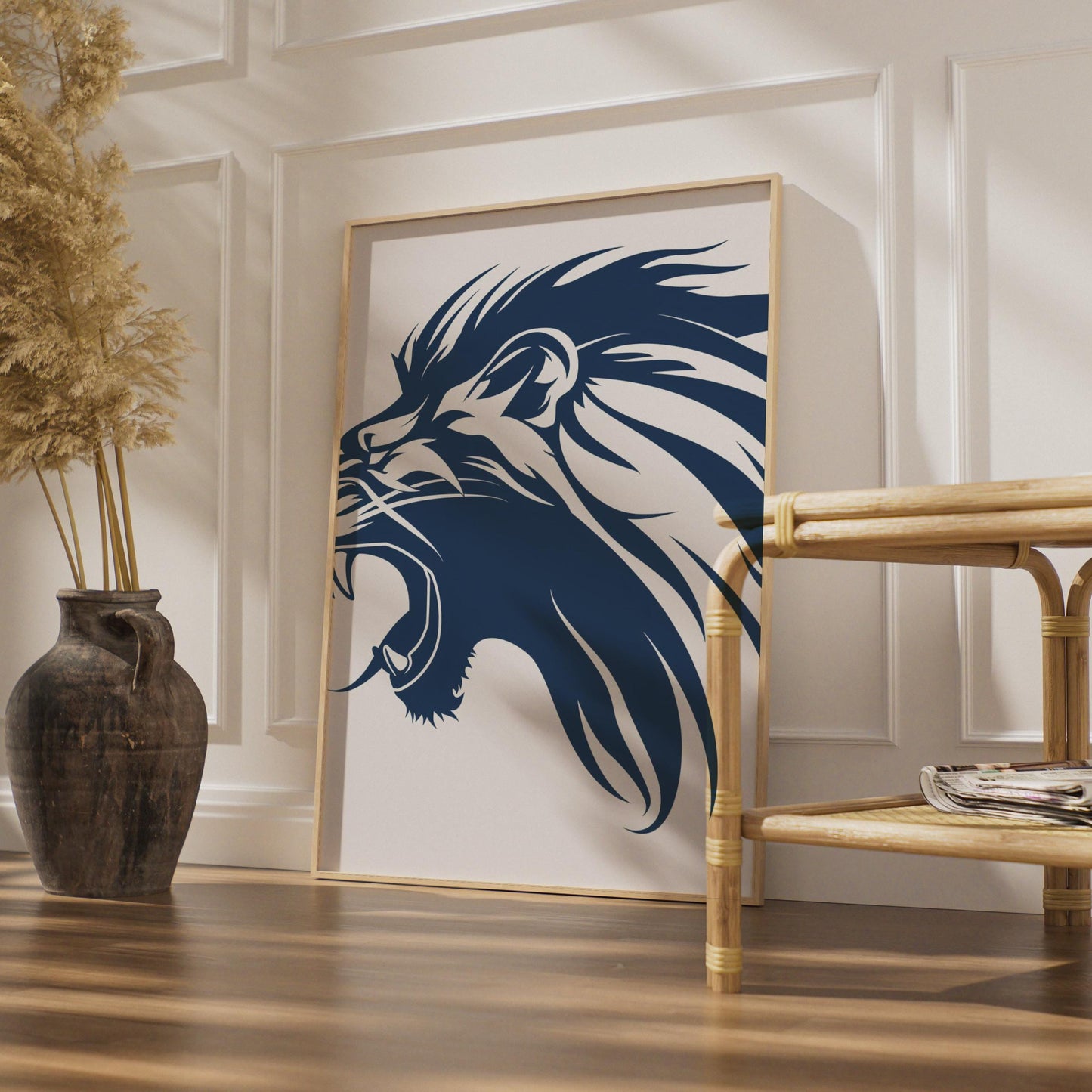 Roaring Lion Head Print, Navy Blue Animal Wall Art, Minimalist Decor wall art print