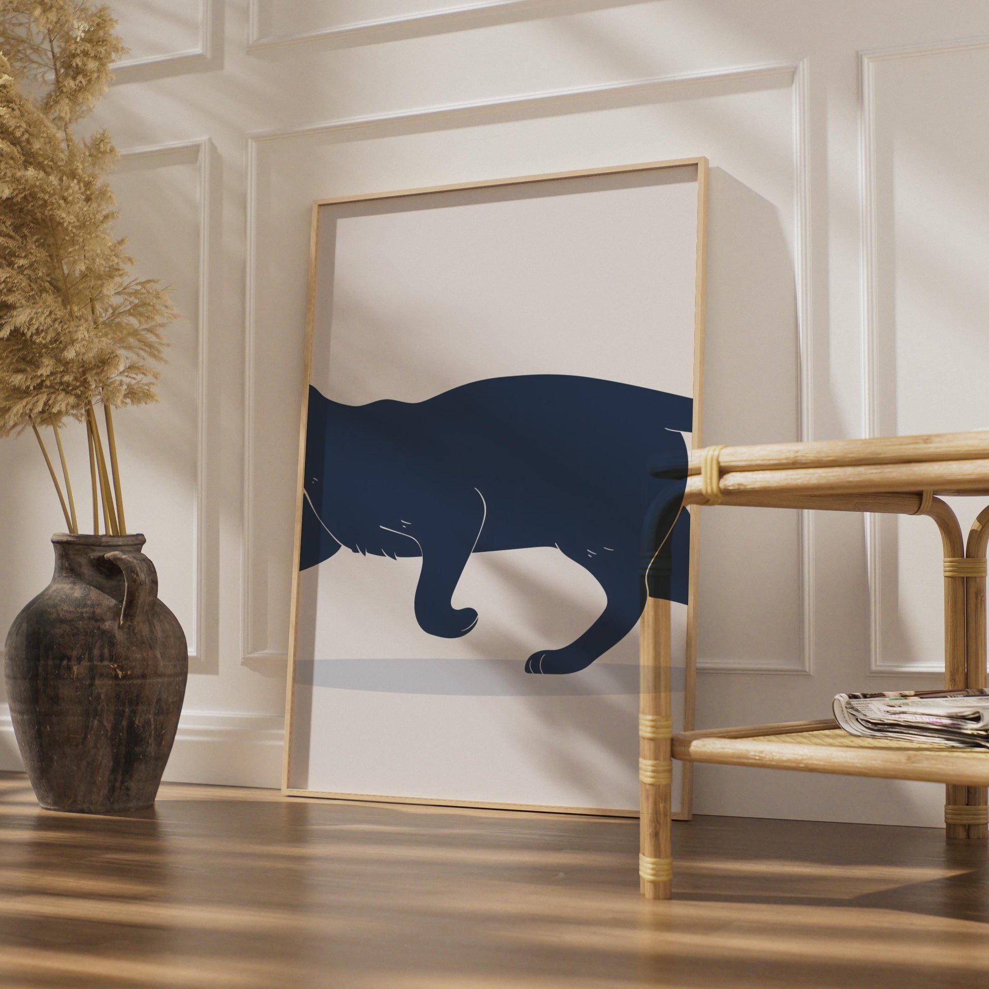 Minimalist Black Cat Print, Navy Blue Animal Wall Art, Sleek Silhouette Poster wall art print