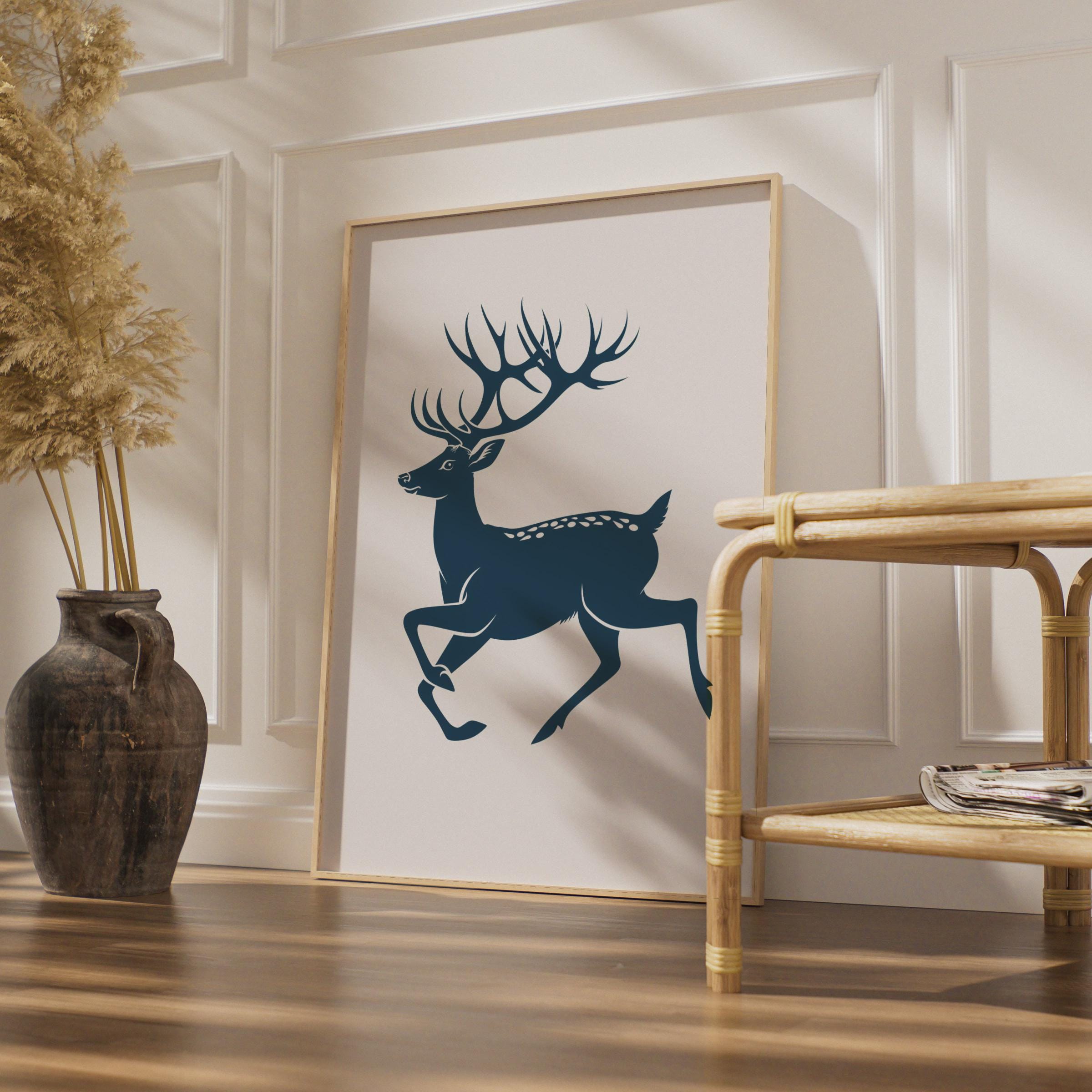 Running Stag Poster, Navy Blue Deer Print, Minimalist Animal Wall Art, Antler Decor wall art print