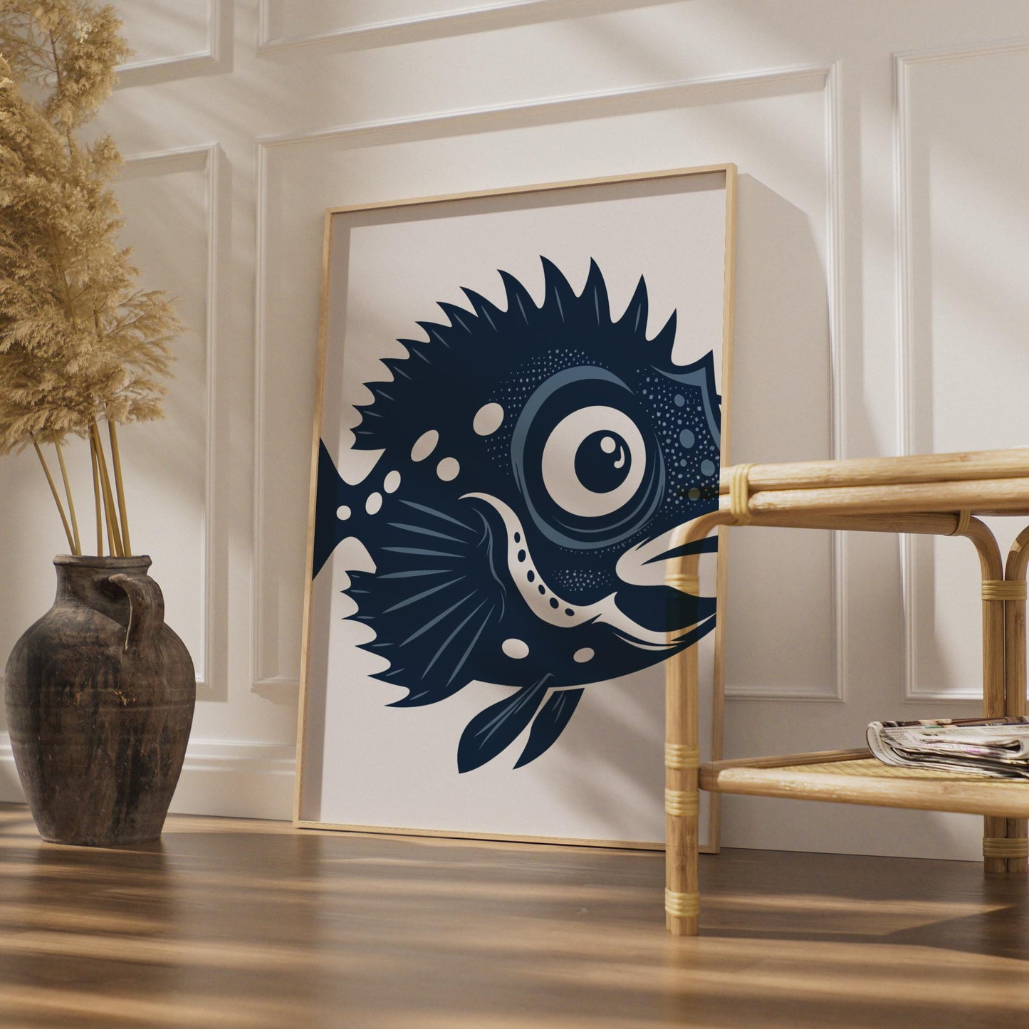 Fish Animal Poster, Navy Blue Fish Print, Ocean Wall Art, Sea Creature Decor wall art print