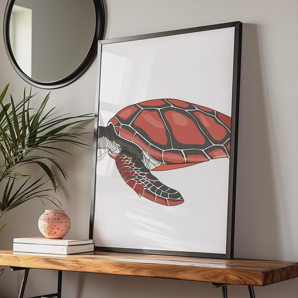 Sea Turtle Poster, Red Ocean Animal Print, Nautical Wall Art, Marine Wildlife Decor wall art print