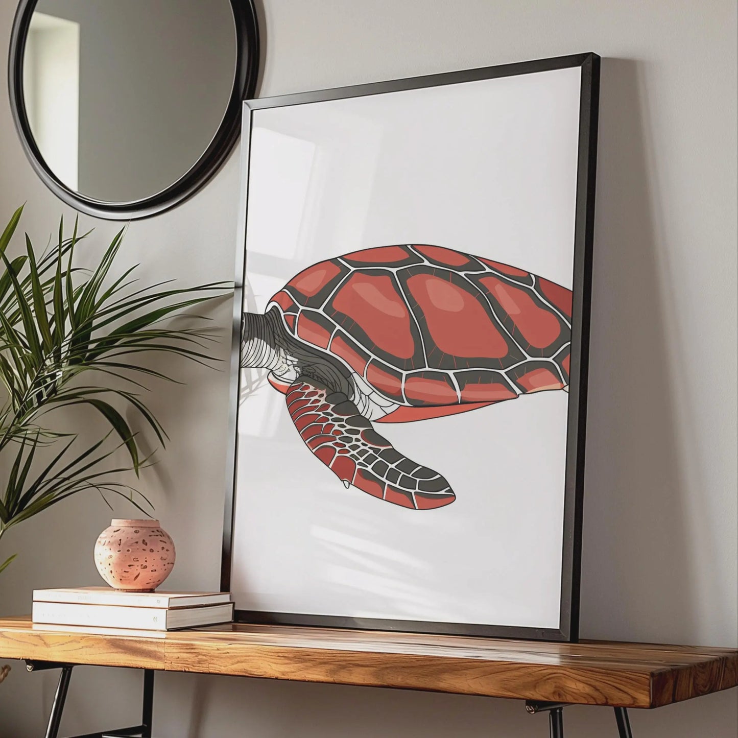 Sea Turtle Poster, Red Ocean Animal Print, Nautical Wall Art, Marine Wildlife Decor wall art print