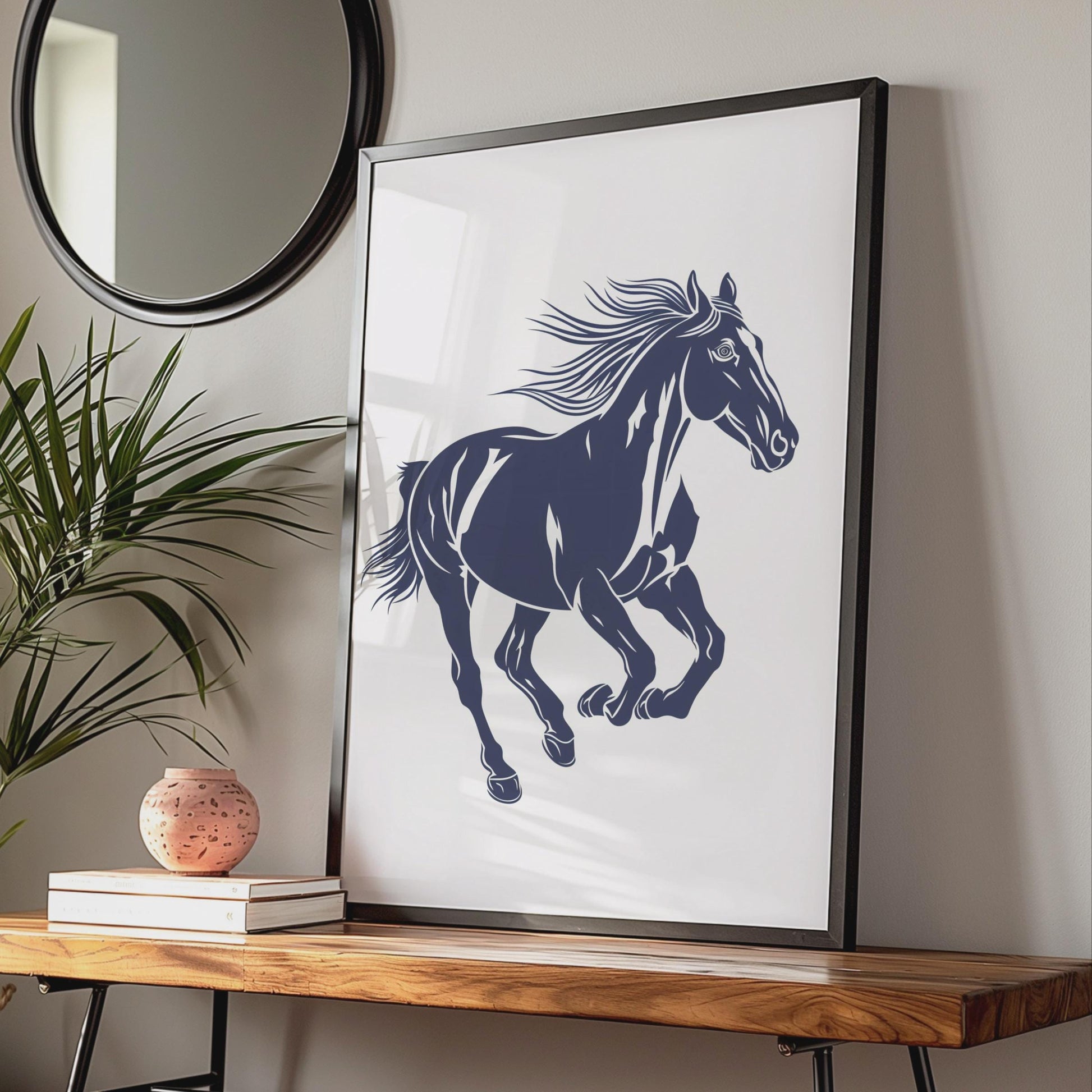 Running Horse Poster, Navy Blue Horse Print, Minimalist Animal Wall Art, Equestrian Decor wall art print