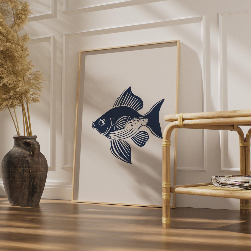 Fish Poster, Navy Blue Minimalist Animal Print, Nautical Wall Art, Ocean Decor wall art print