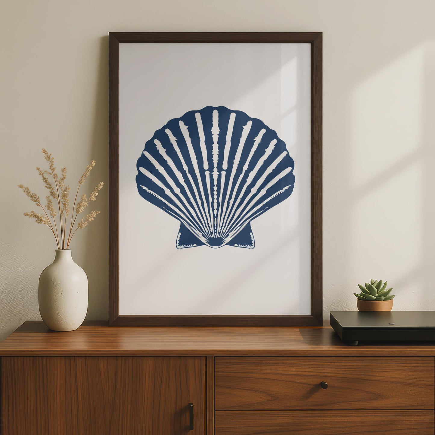 Scallop Shell Poster, Navy Blue Nautical Wall Art, Coastal Animal Print, Beach House Decor wall art print