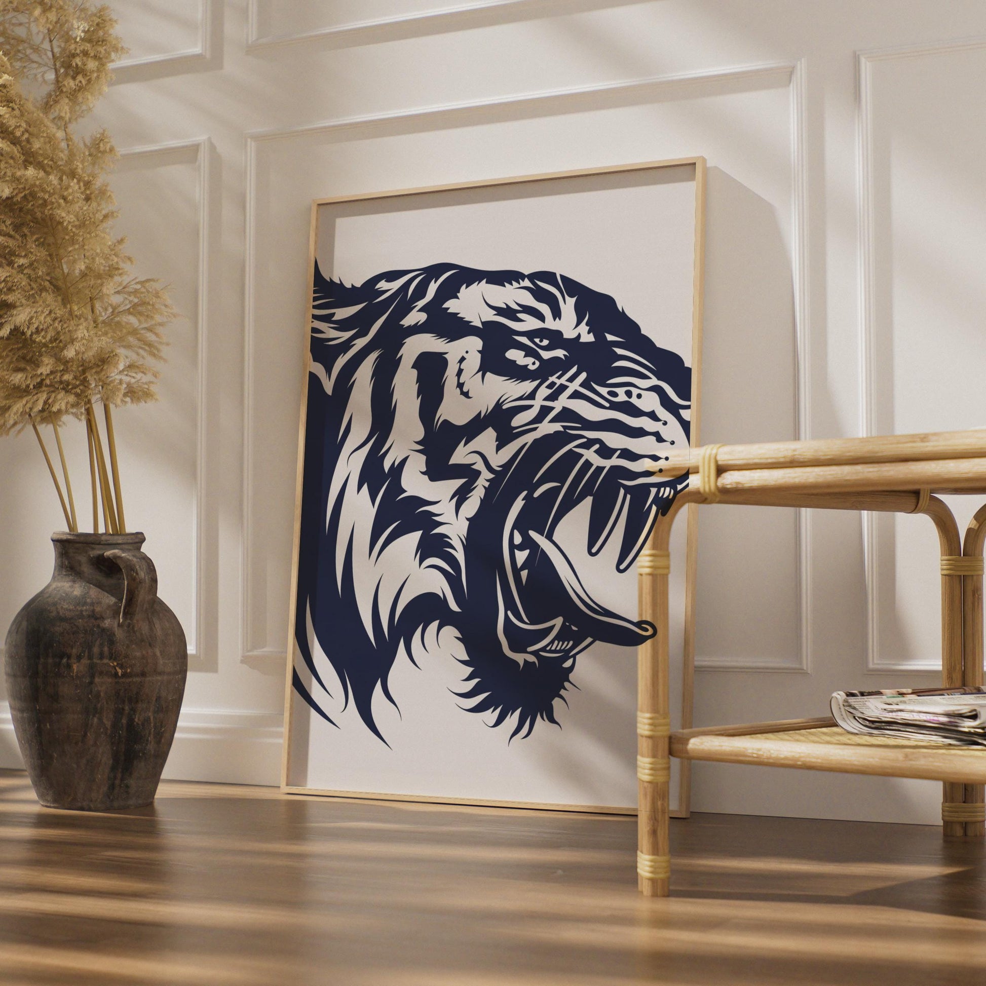 Roaring Tiger Head Poster, Navy Blue Animal Print, Bold Wild Cat Wall Art Decor wall art print